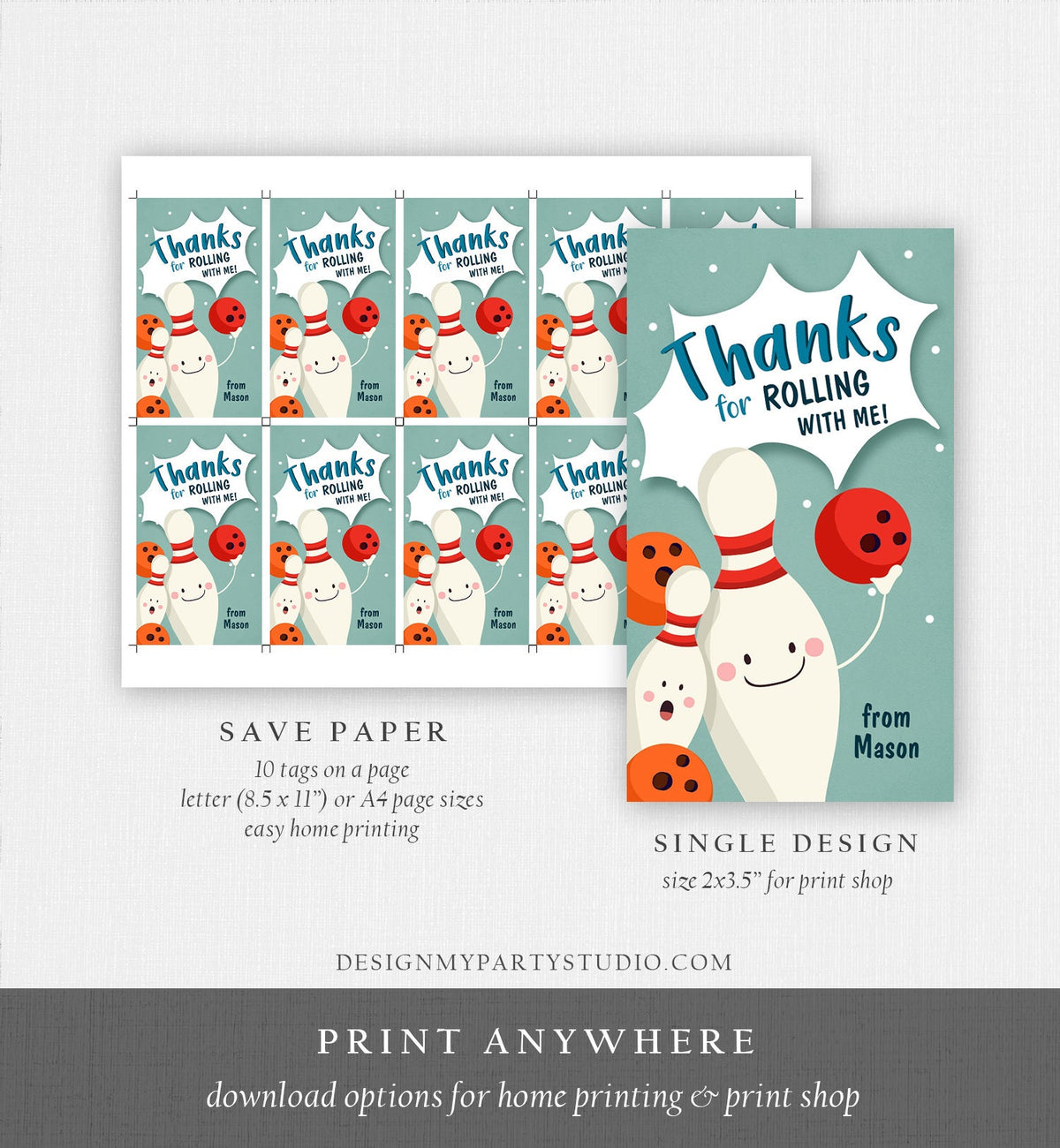 Editable Bowling Favor tags Bowling Party Boy Bowling Thank you tags Label tags Rolling With Me Labels Bowling Birthday Template Corjl 0324