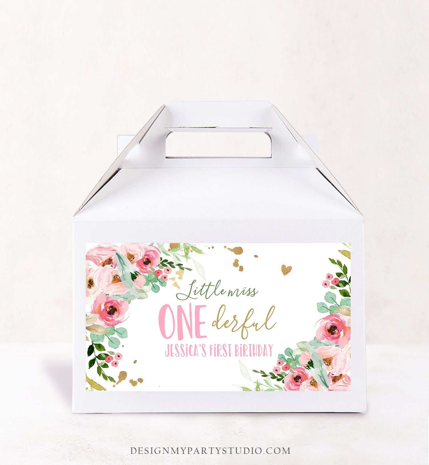 Editable Little Miss Onederful Gable Gift Box Label 1st Birthday Girl Treat Box Label Floral Pink Gold Wild Download Printable Corjl 0147