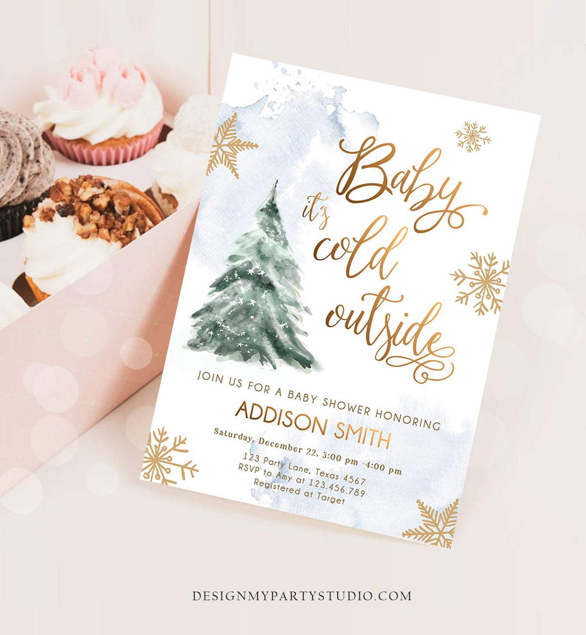 Editable Baby Its Cold Outside Baby Shower Invitation Winter Neutral Blue Boy Gold Snow Watercolor Tree Template Download Corjl 0363