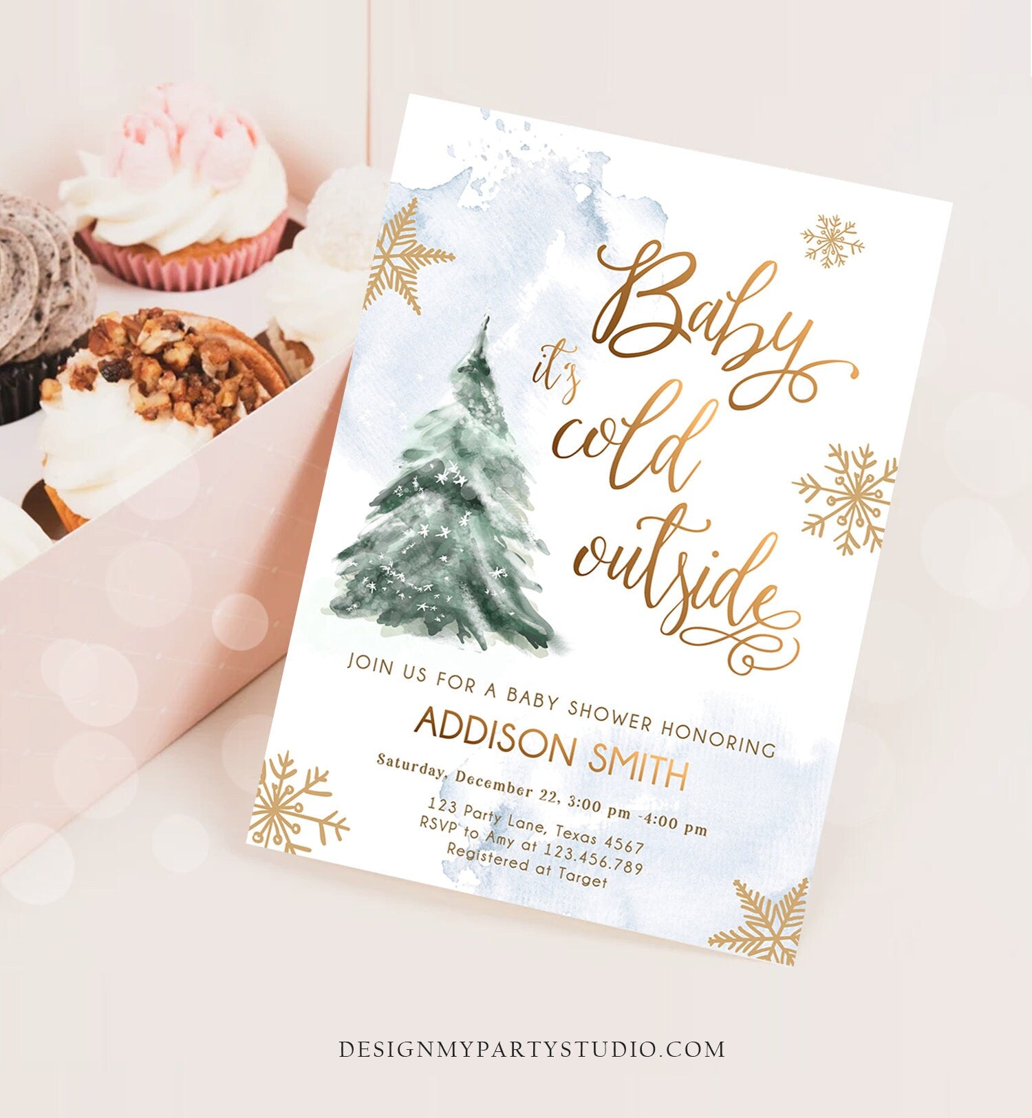 Editable Baby Its Cold Outside Baby Shower Invitation Winter Neutral Blue Boy Gold Snow Watercolor Tree Template Download Corjl 0363