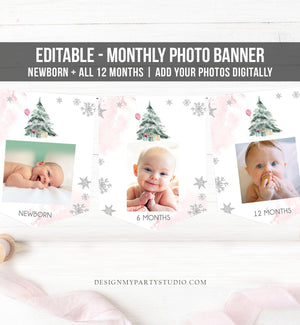 Editable Winter Onederland First Birthday Banner Monthly Photo Banner 1st Tree Watercolor Snow Pink Girl Corjl Template Printable 0363