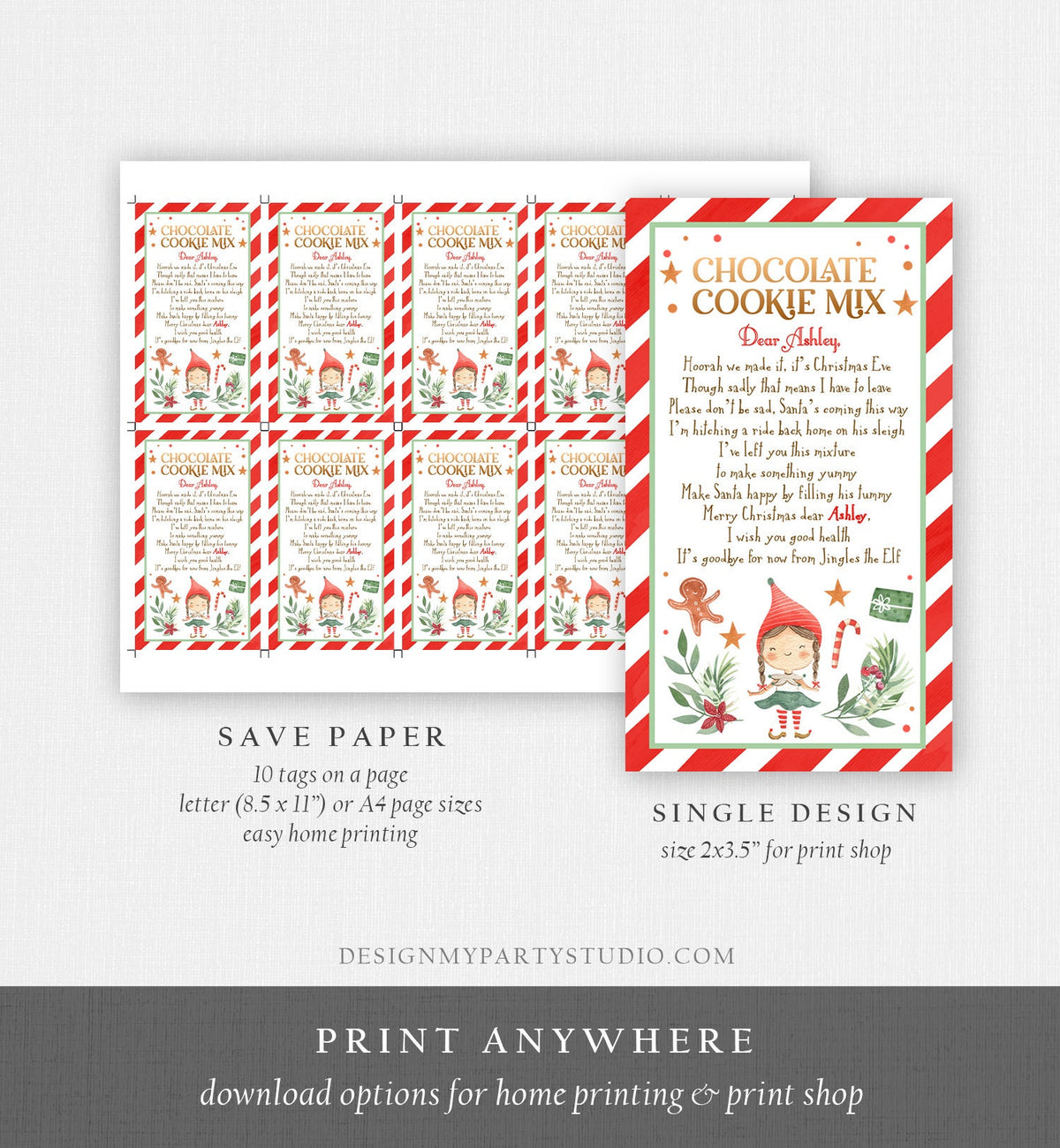 Editable Elf Cookie Mix Goodbye Favor Tag Christmas Chocolate Instructions Gift Tags From Your Elf Thank You Label Printable Template 0358