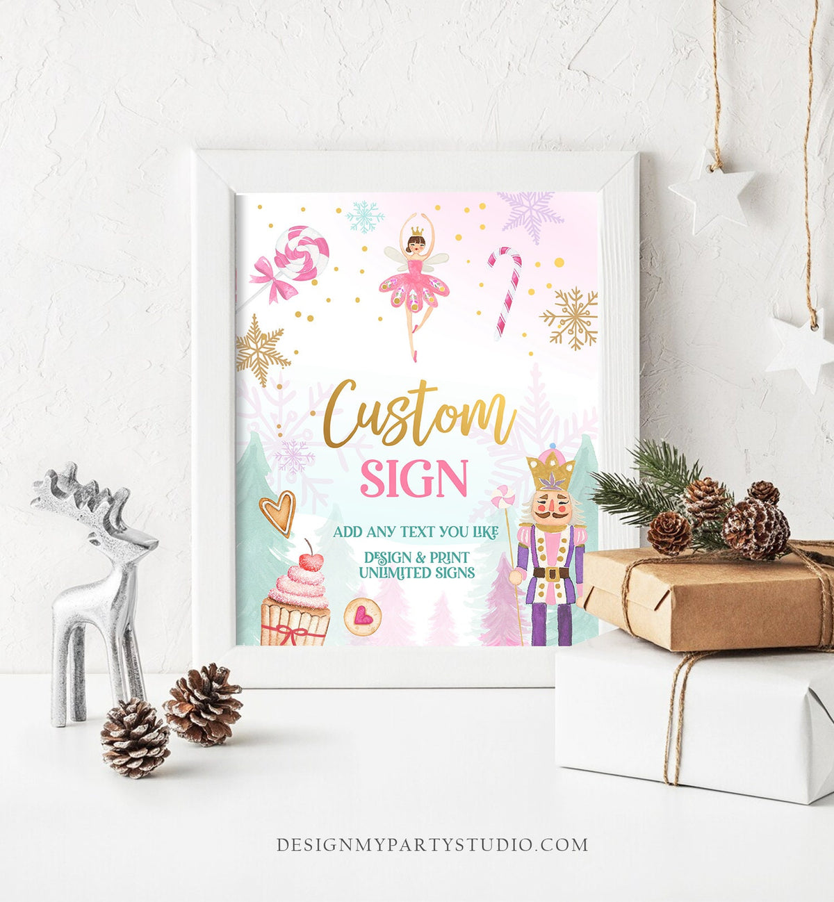 Editable Custom Sign Nutcracker Birthday Decor Land of Sweets Party Sign Sugar Plum Fairy Girl Pink Table Digital Template Printable 0352