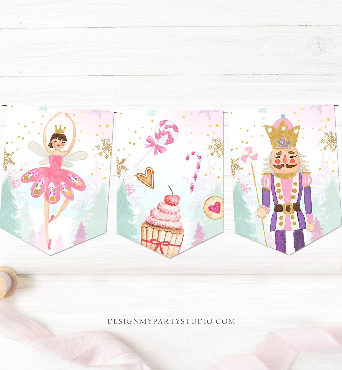 Nutcracker Banner Nutcracker Birthday Girl Bunting Christmas Decor Pink Gold Sugar Plum Fairy Instant Download Printable Digital DIY 0352