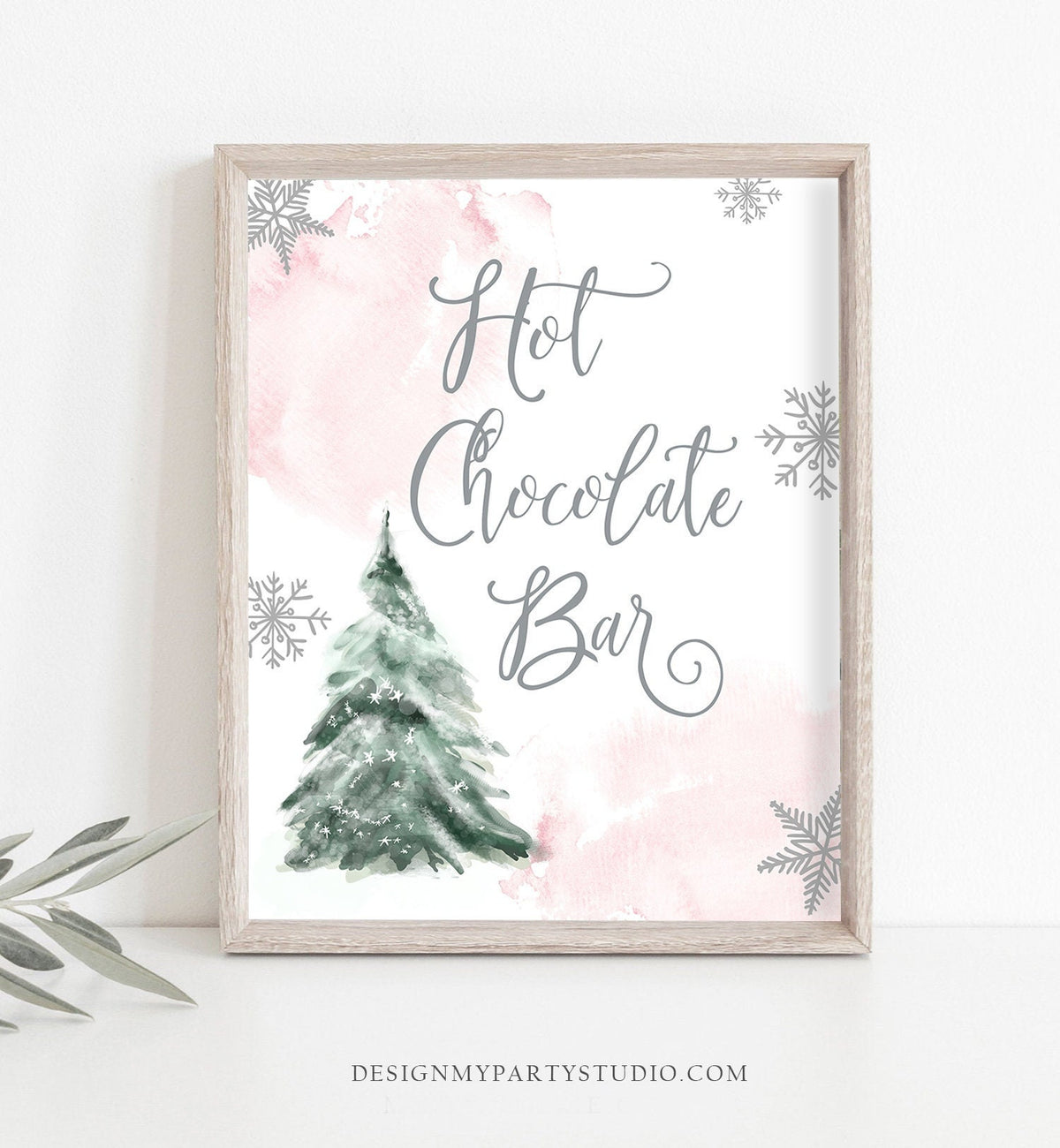 Hot Chocolate Bar Sign Winter Tree Watercolor Snow Birthday Baby Shower Signs Cocoa Bar Sign Drink Station Pink Girl Download Printable 0363