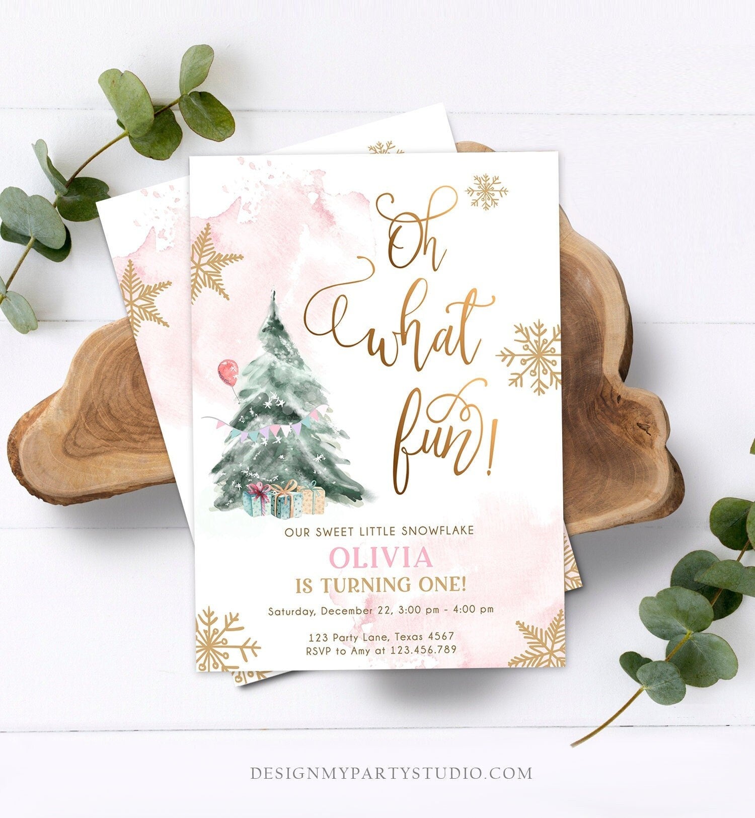 Editable Oh What Fun! Holiday 1st Winter Birthday Invitation Winter Christmas Party Tree Girl Pink Gold Digital Template Printable 0363