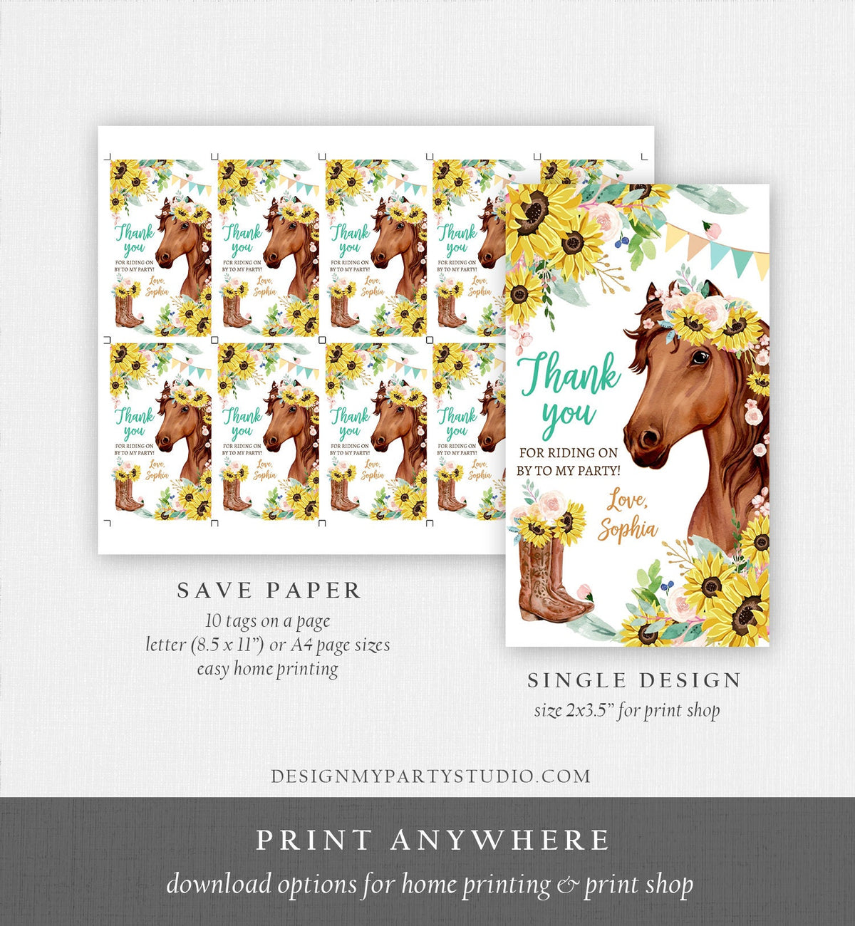Editable Cowgirl Favor Tags Tags Horse Birthday Party Favor Thank you Tag Girl Horse Party Sunflowers Download Template Printable 0408
