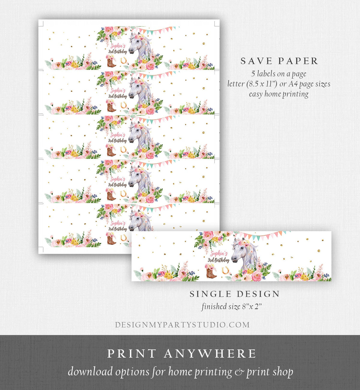 Editable Horse Water Bottle Labels Horse Birthday Decor Cowgirl Pony Party Saddle Up Floral Pink Digital Download Template Printable 0408