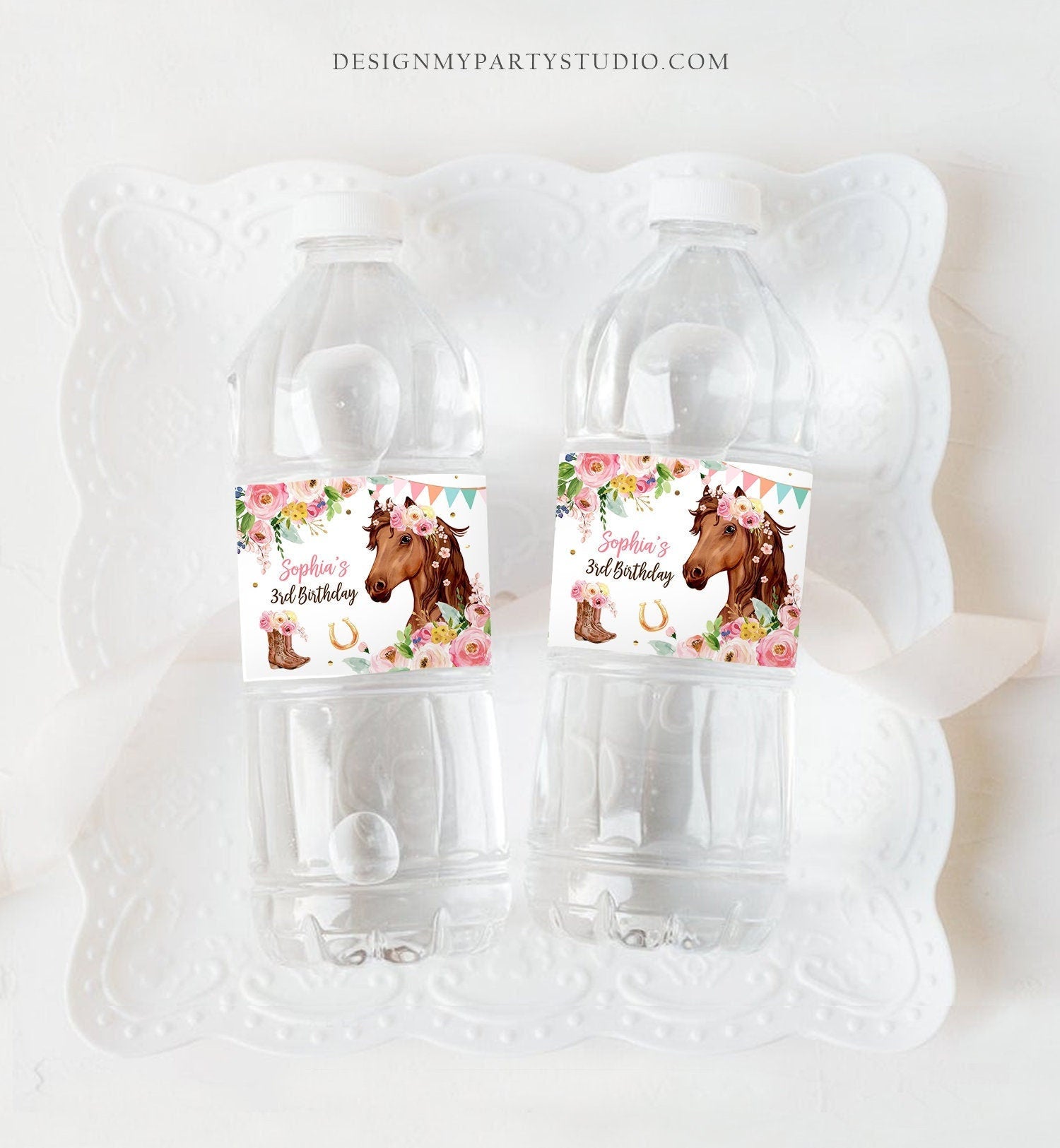 Editable Horse Water Bottle Labels Horse Birthday Decor Cowgirl Pony Party Saddle Up Floral Pink Printable Bottle Label Template Corjl 0408