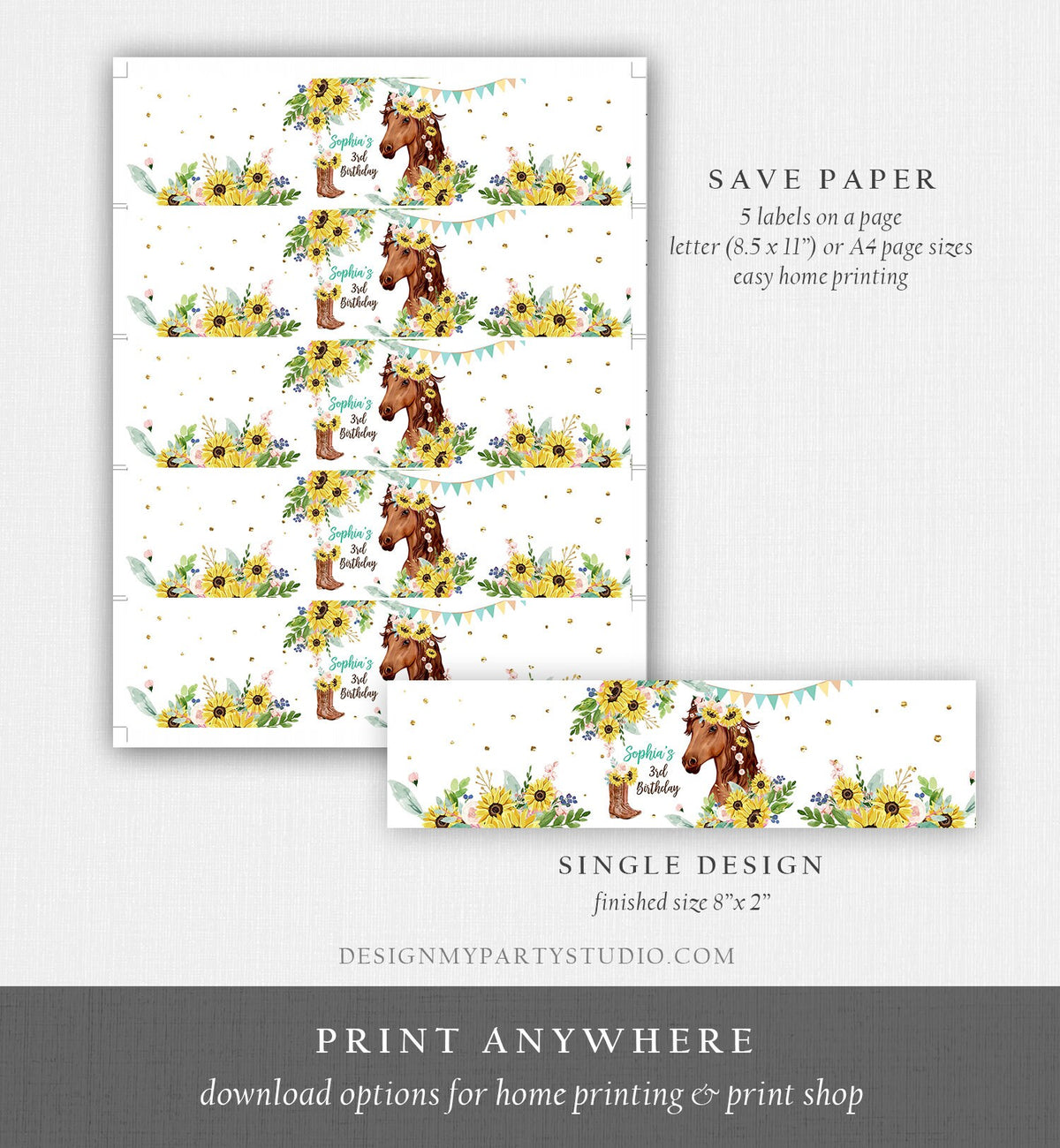 Editable Horse Water Bottle Labels Horse Birthday Decor Cowgirl Pony Party Saddle Up Sunflowers Printable Bottle Label Template Corjl 0408