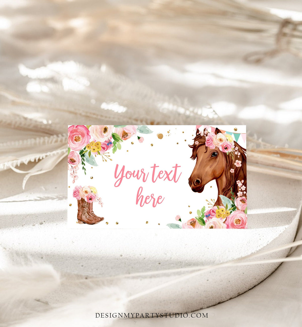 Editable Horse Birthday Food Tent Cards Horse Labels Cowgirl Party Place Cards Girl Pink Floral Pony Saddle Up Printable Template 0408
