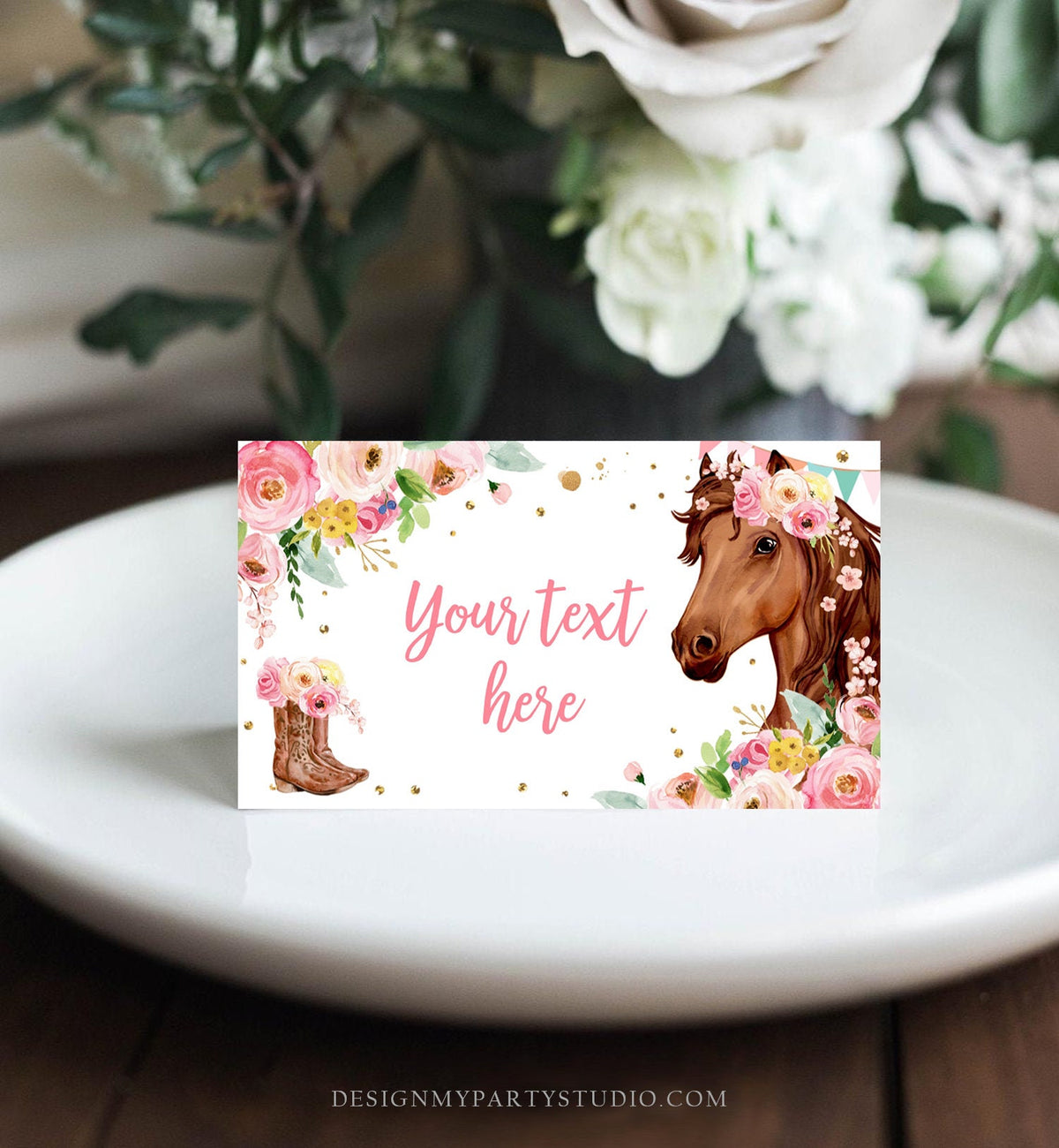 Editable Horse Birthday Food Tent Cards Horse Labels Cowgirl Party Place Cards Girl Pink Floral Pony Saddle Up Printable Template 0408