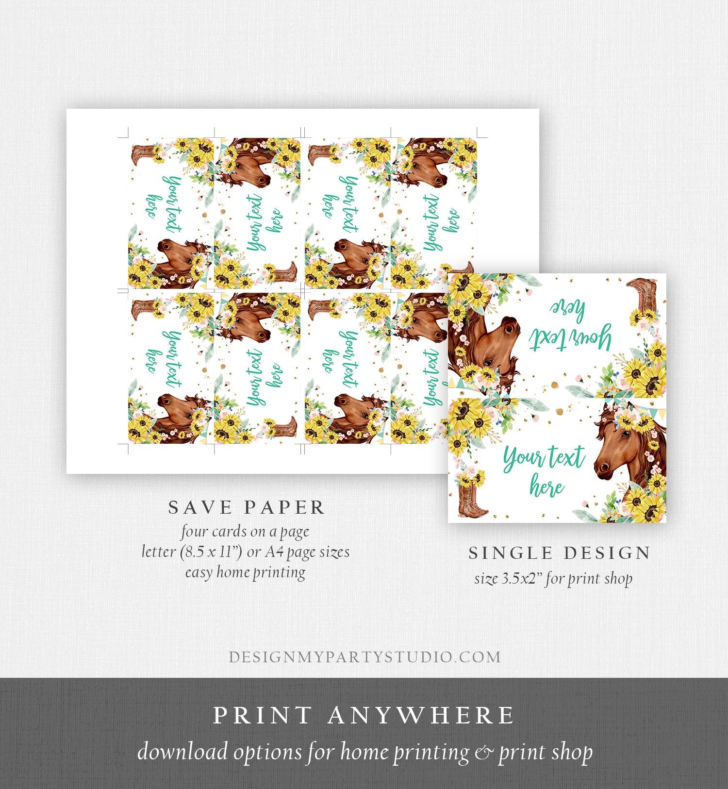 Editable Horse Birthday Food Tent Cards Horse Labels Cowgirl Party Place Card Girl Sunflowers Pony Saddle Up Digital Template Printable 0408