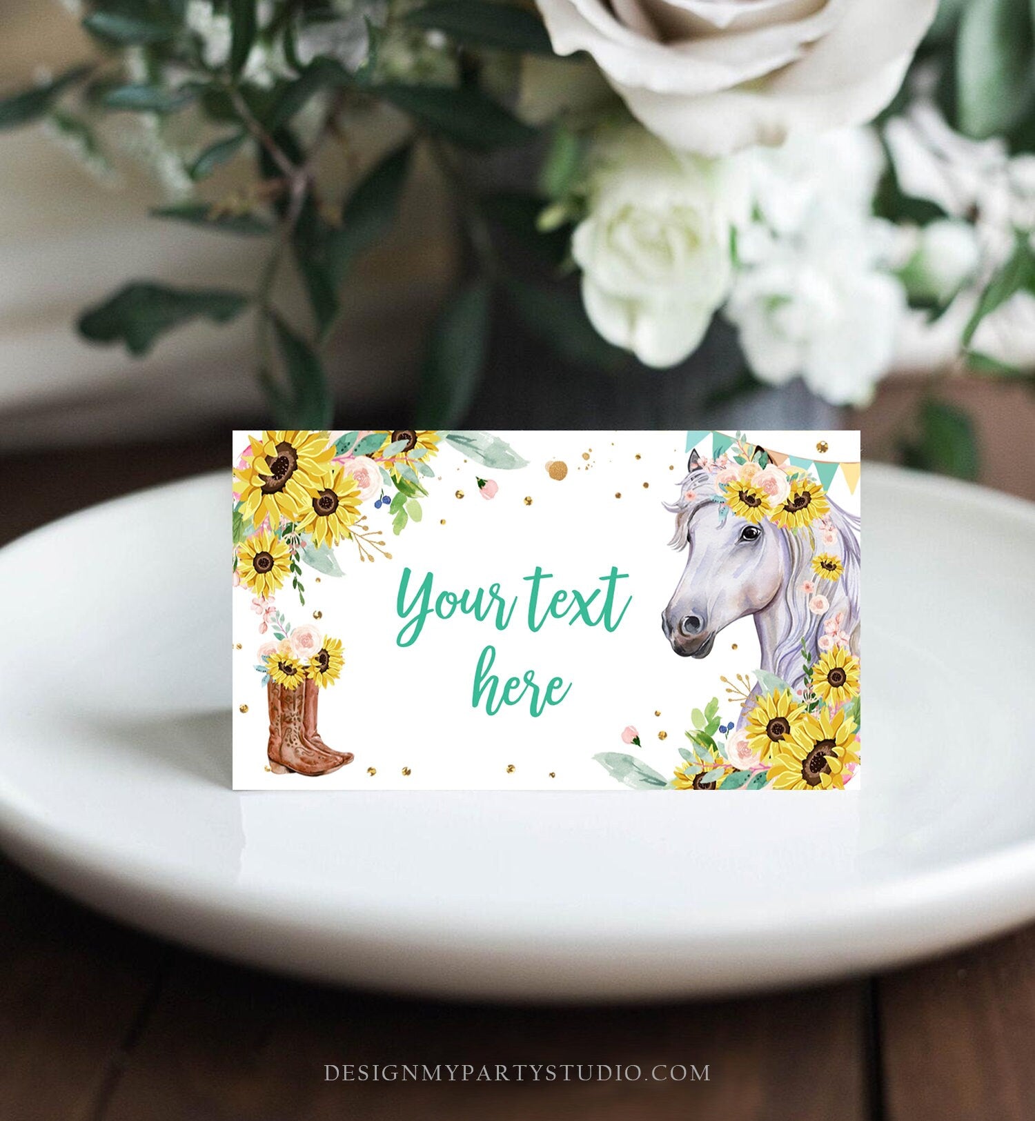 Editable Horse Birthday Food Tent Cards Horse Labels Cowgirl Party Place Cards Girl Sunflowers Pony Saddle Up Printable Template Corjl 0408