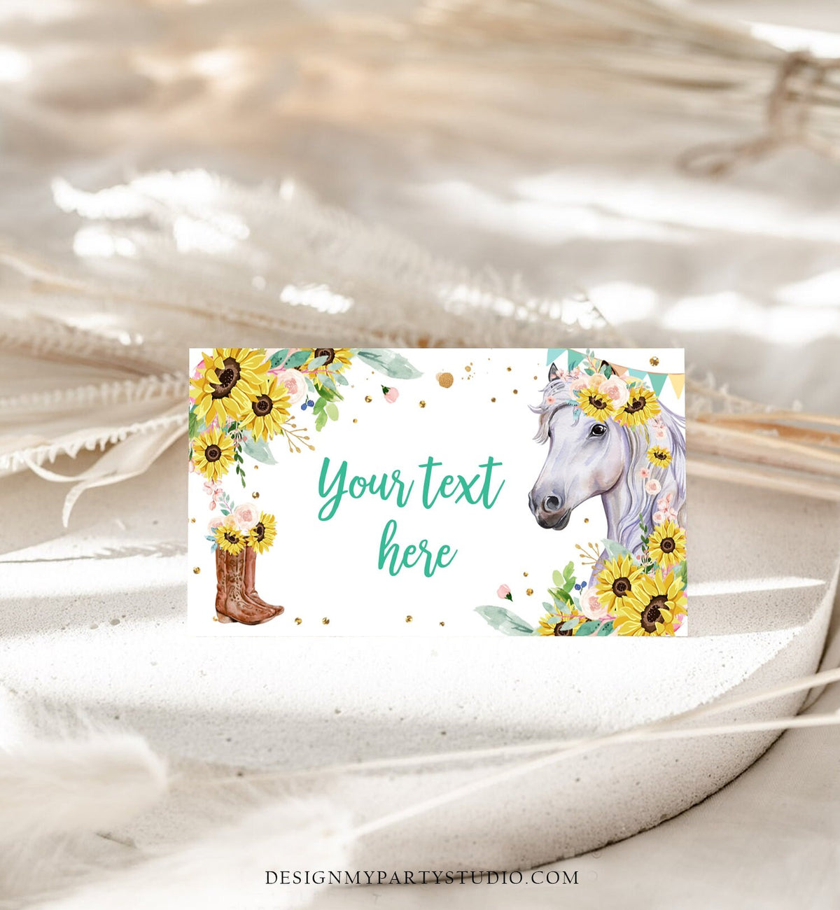 Editable Horse Birthday Food Tent Cards Horse Labels Cowgirl Party Place Girl Sunflowers Pony Saddle Up Digital Template Printable 0408