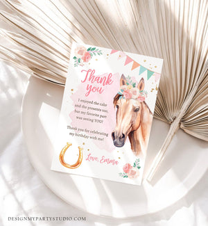 Editable Horse Thank You Card Note Girl Birthday Party Cowgirl Watercolor Pink Floral Saddle Up Download Printable Corjl Template 0398