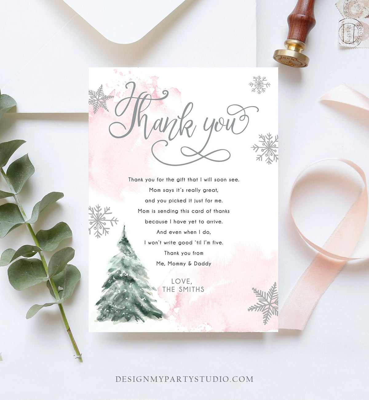 Editable Winter Tree Thank You Card Watercolor Baby Its Cold Outside Baby Shower Pink Girl Gender Neutral Snow Template Download Corjl 0363