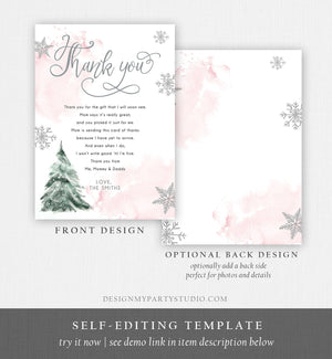Editable Winter Tree Thank You Card Watercolor Baby Its Cold Outside Baby Shower Pink Girl Gender Neutral Snow Template Download Corjl 0363