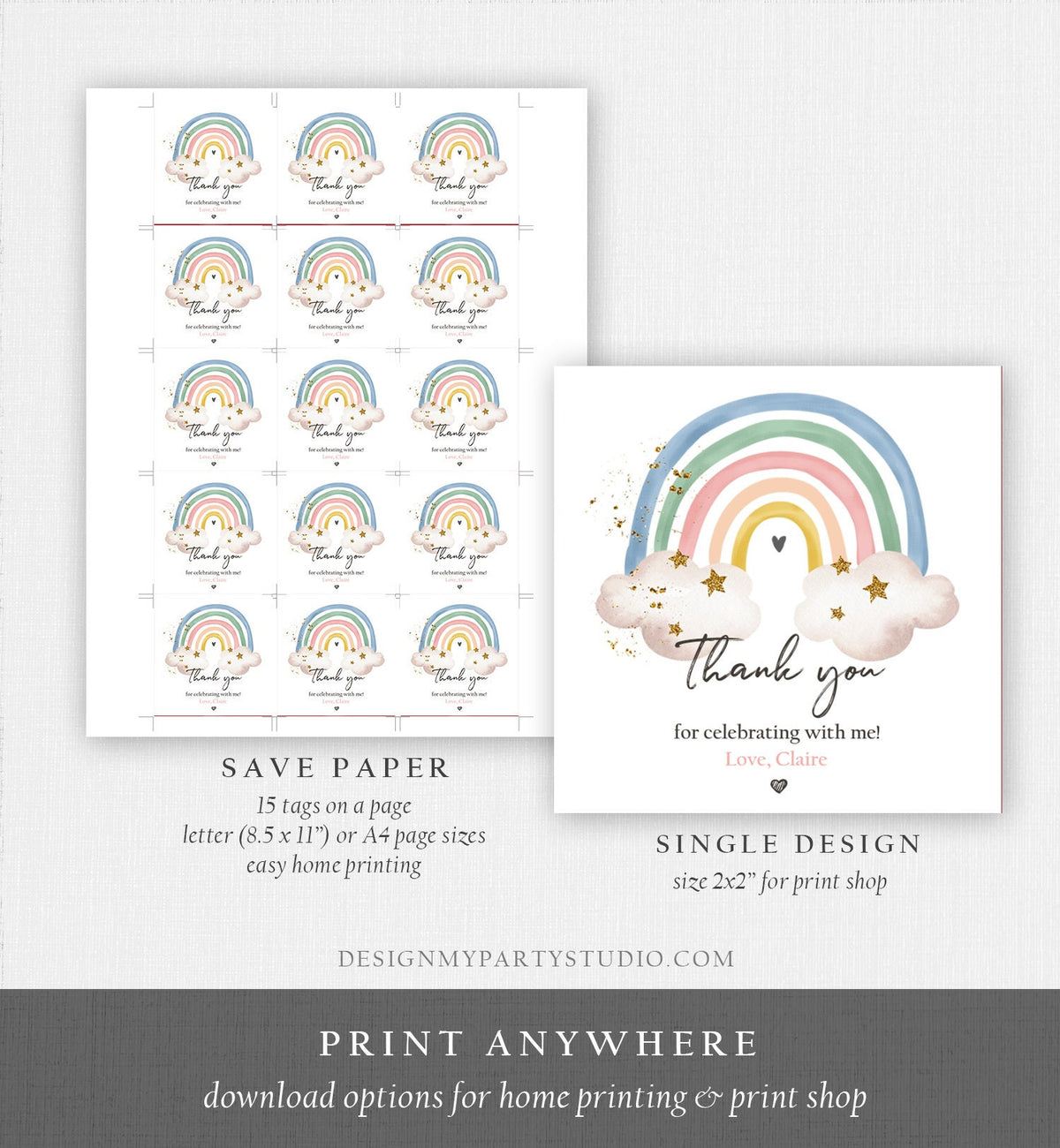 Editable Rainbow Favor Tag Rainbow Birthday Party Thank You Gift Boho Rainbow Bohemian Neutral Boy Modern Digital Template Printable 0387