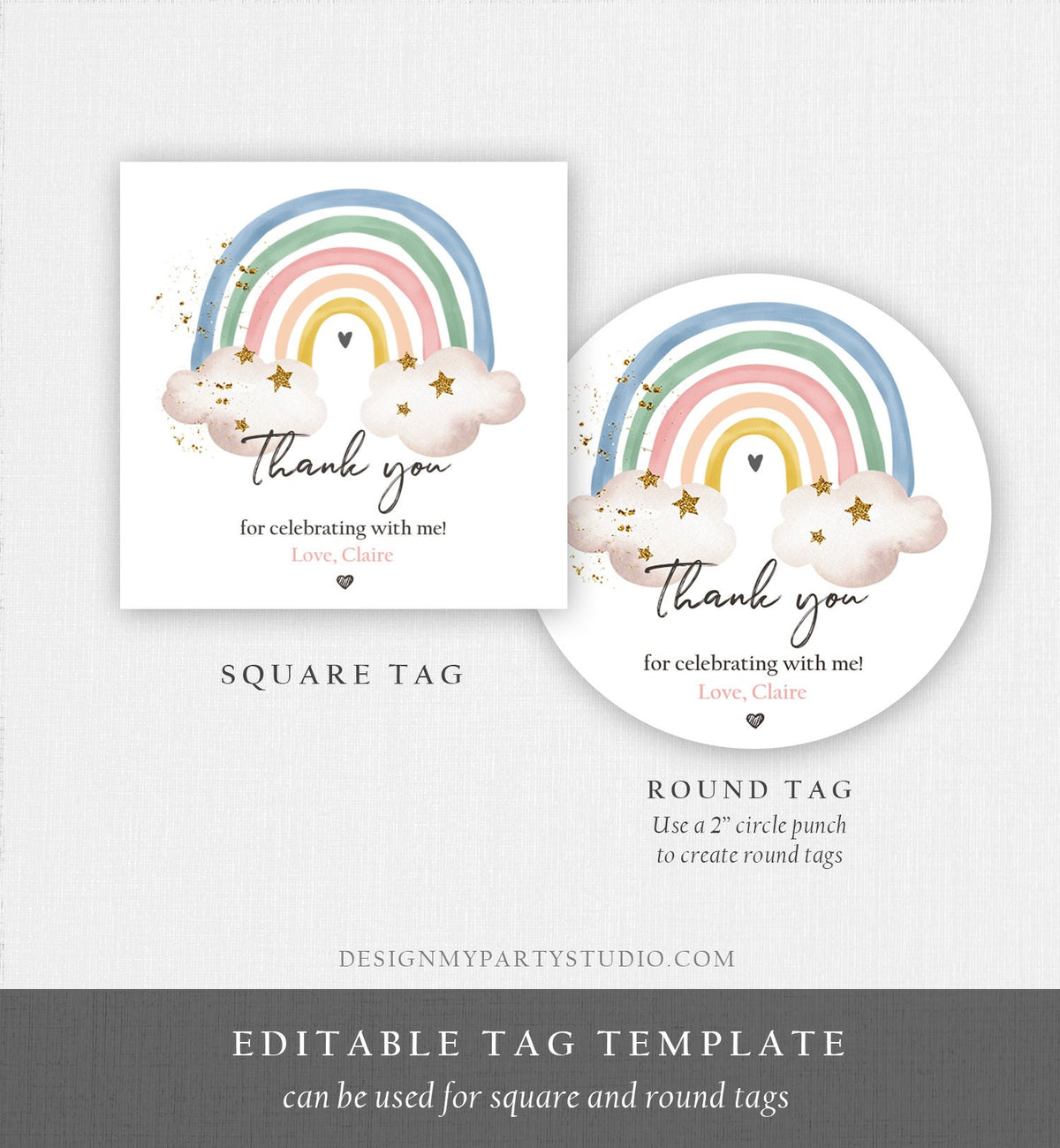Editable Rainbow Favor Tag Rainbow Birthday Party Thank You Gift Boho Rainbow Bohemian Neutral Boy Modern Digital Template Printable 0387