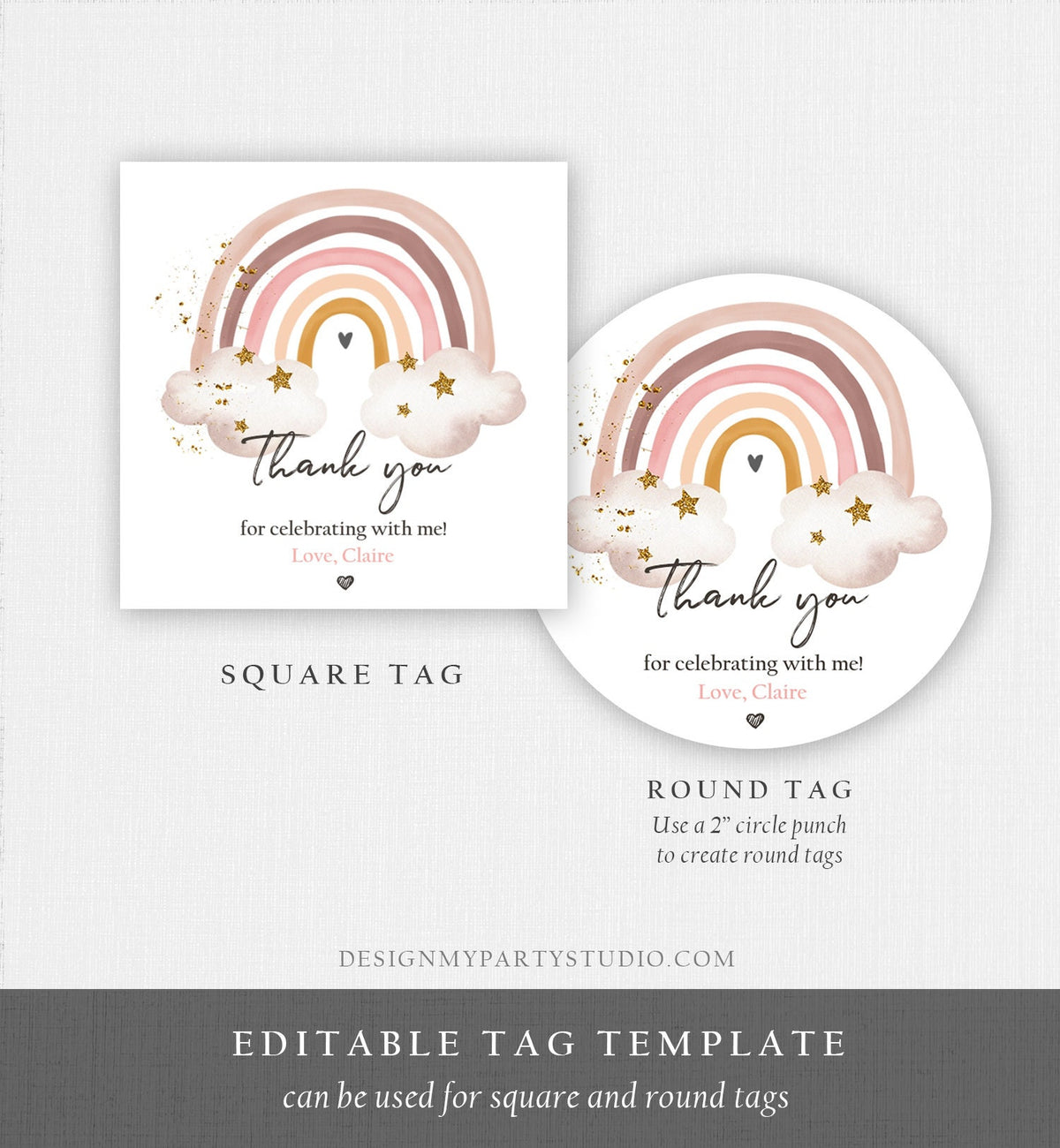 Editable Rainbow Favor Tags Rainbow Birthday Party Thank you tags Boho Rainbow Tags Bohemian Neutral Modern Digital Template Printable 0387