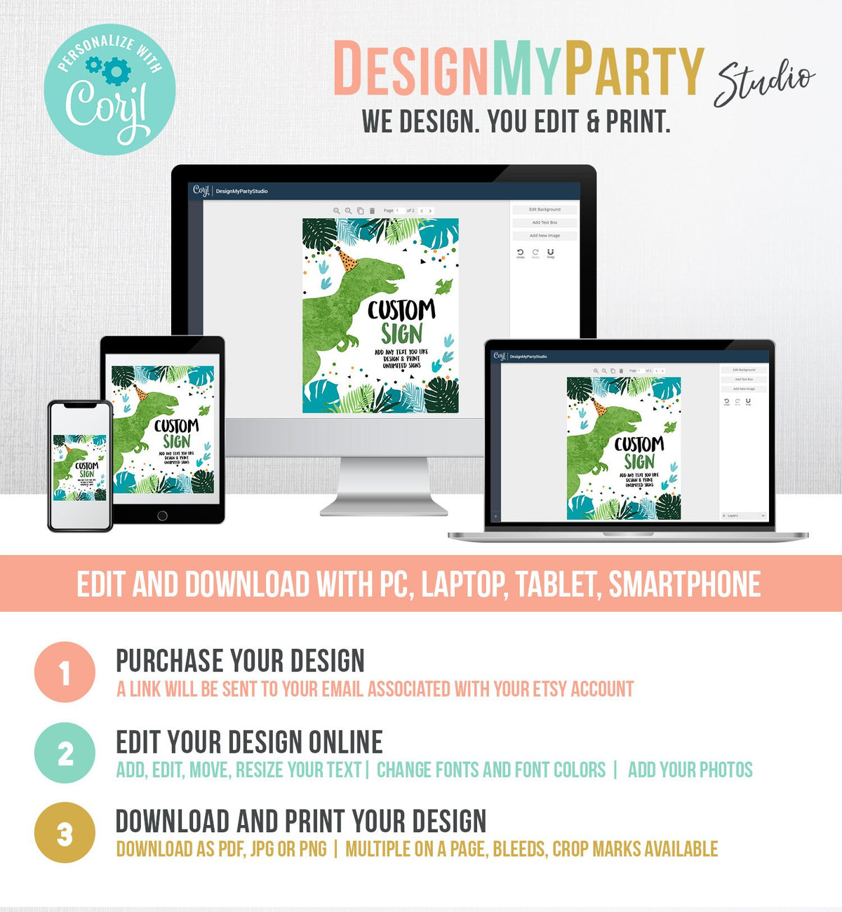 Editable Custom Dinosaur Birthday Sign Decor Dino Party Table Sign Blue Green Boy 8x10 T-Rex Party Three Rex Digital Template Printable 0389