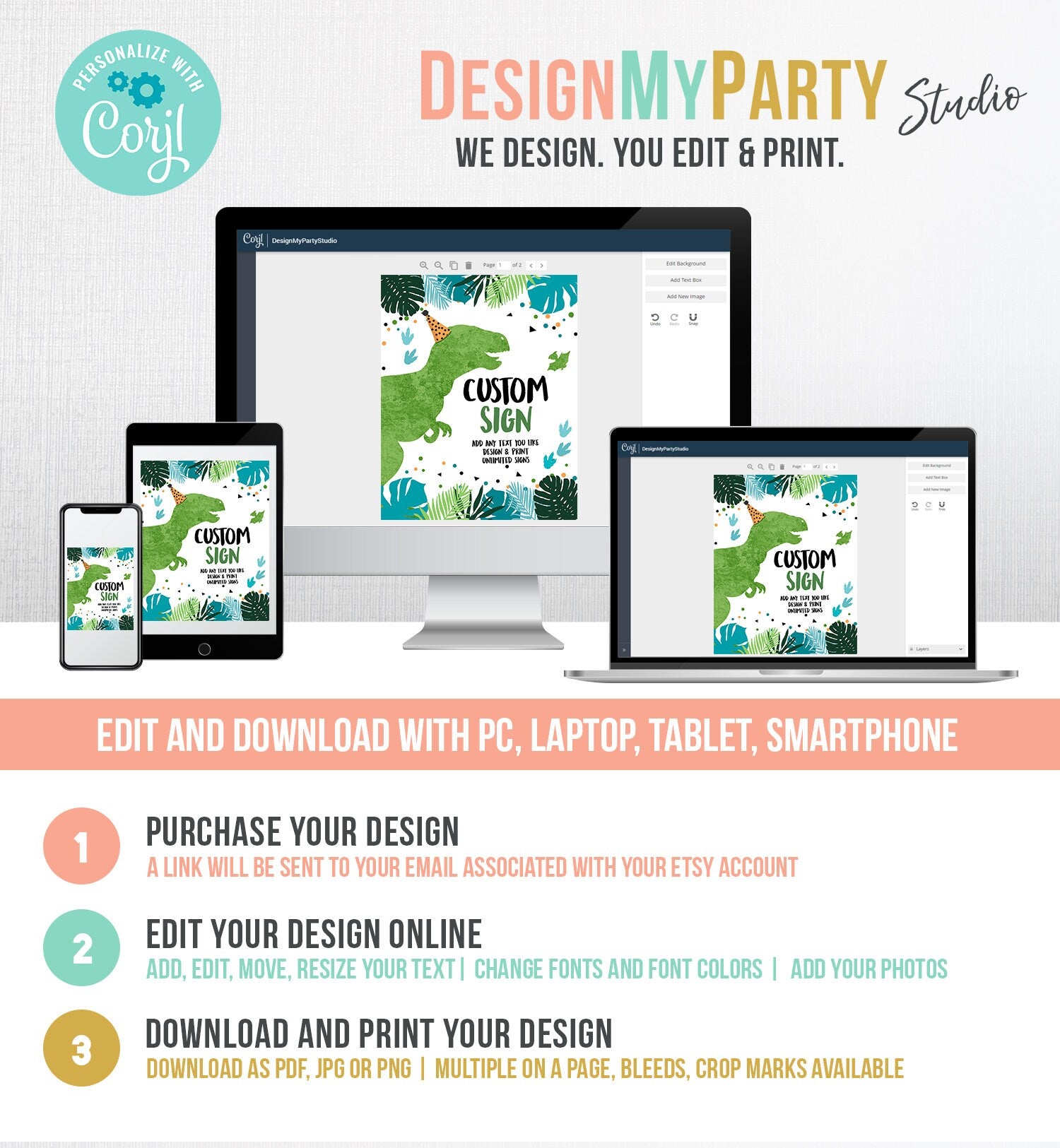 Editable Custom Dinosaur Birthday Sign Decor Dino Party Table Sign Blue Green Boy 8x10 T-Rex Party Three Rex Digital Template Printable 0389