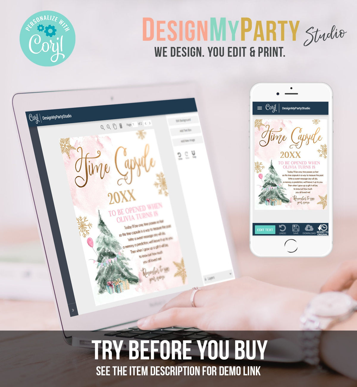 Editable Winter Onederland Time Capsule Winter First Birthday Party Girl Snowflake One 1st Pink Gold Guestbook Template Printable Corjl 0363