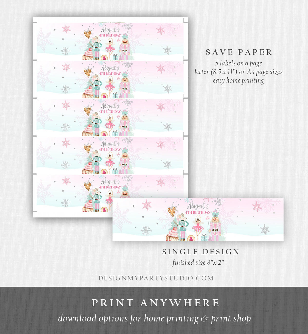Editable Nutcracker Water Bottle Labels Nutcracker Birthday Party Girl Winter Land of Sweets Silver Digital Download Template Printable 0352