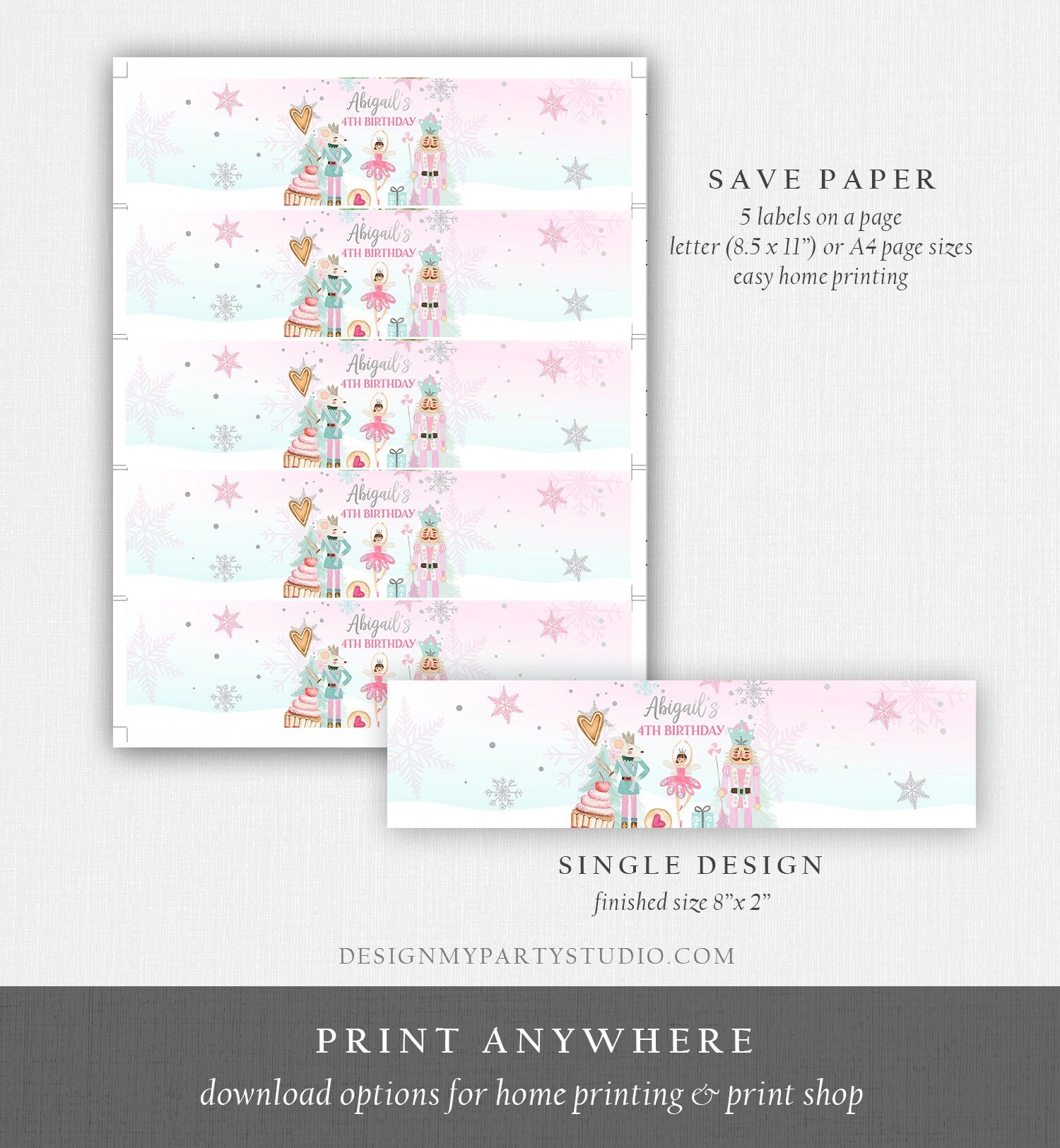Editable Nutcracker Water Bottle Labels Nutcracker Birthday Party Girl Winter Land of Sweets Silver Digital Download Template Printable 0352