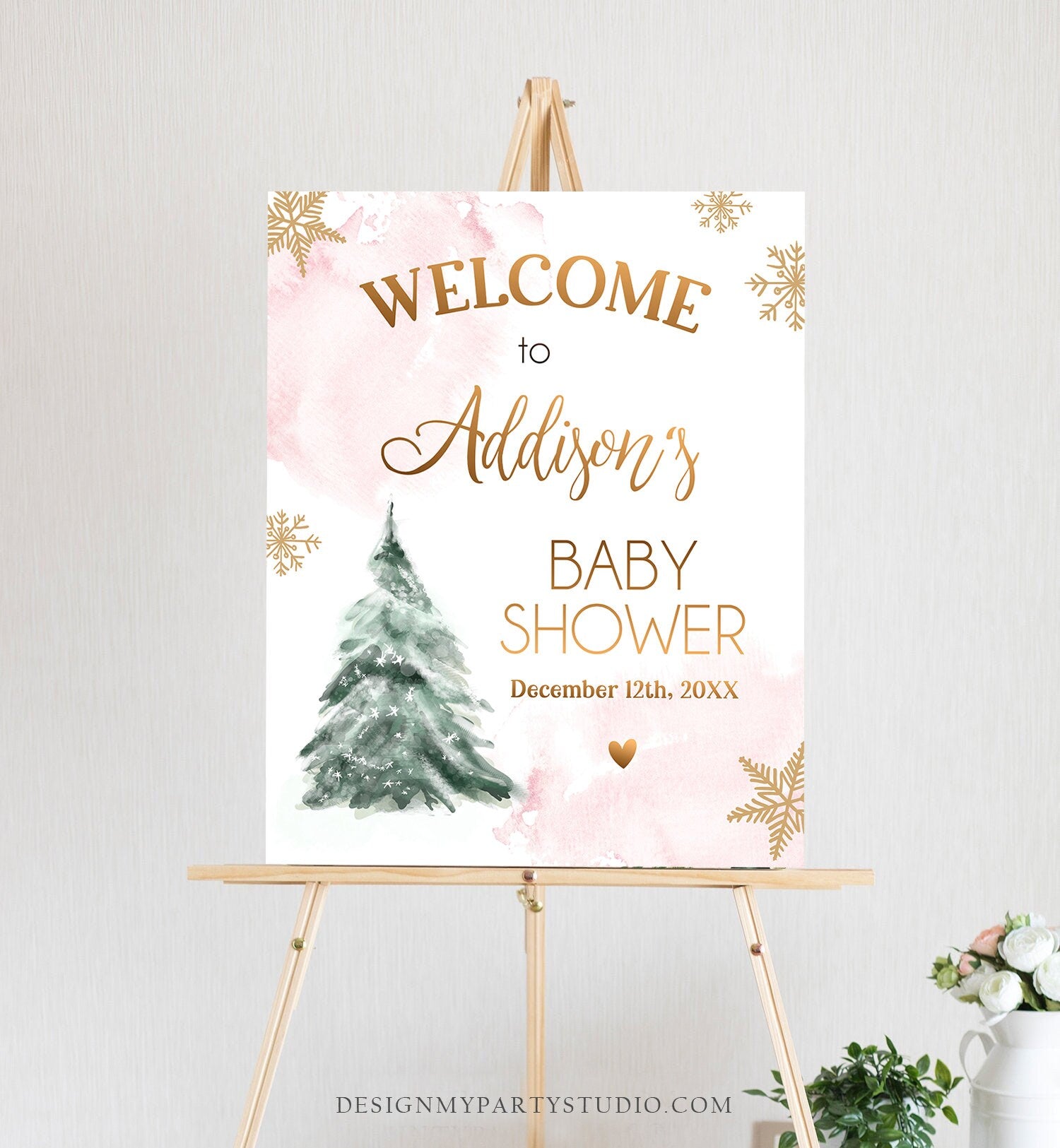 Editable Winter Tree Welcome Sign Tree Watercolor Baby Shower Girl Baby It's Cold Outside Snowflake Pink Gold Corjl Template Printable 0363