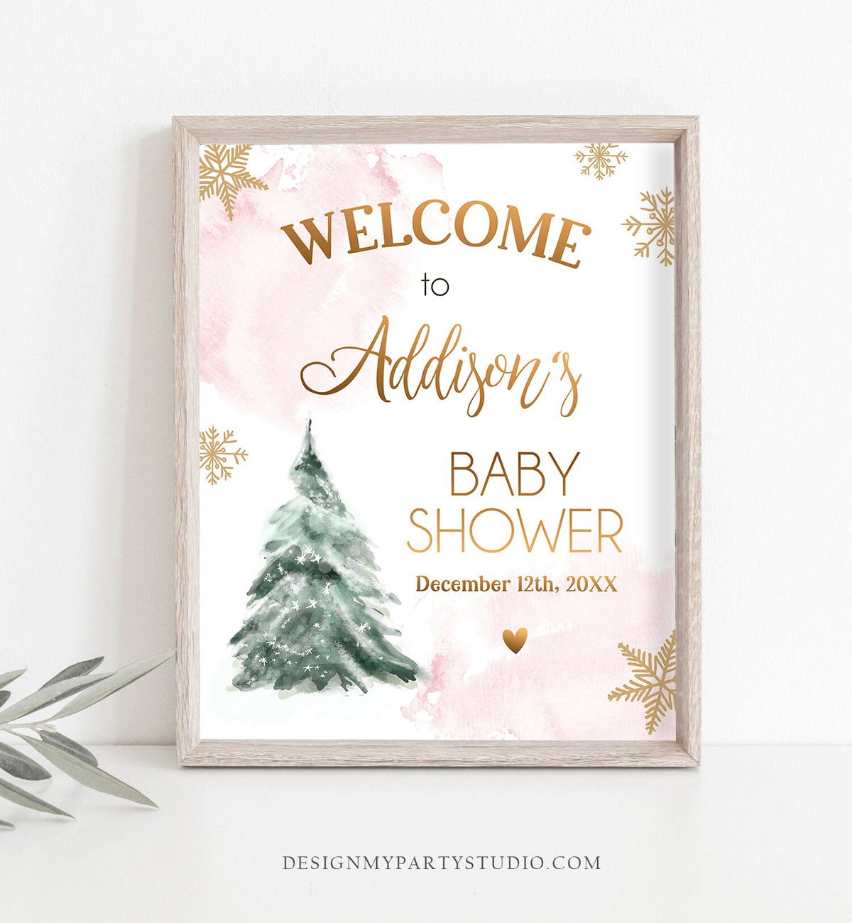 Editable Winter Tree Welcome Sign Tree Watercolor Baby Shower Girl Baby It&#39;s Cold Outside Snowflake Pink Gold Corjl Template Printable 0363