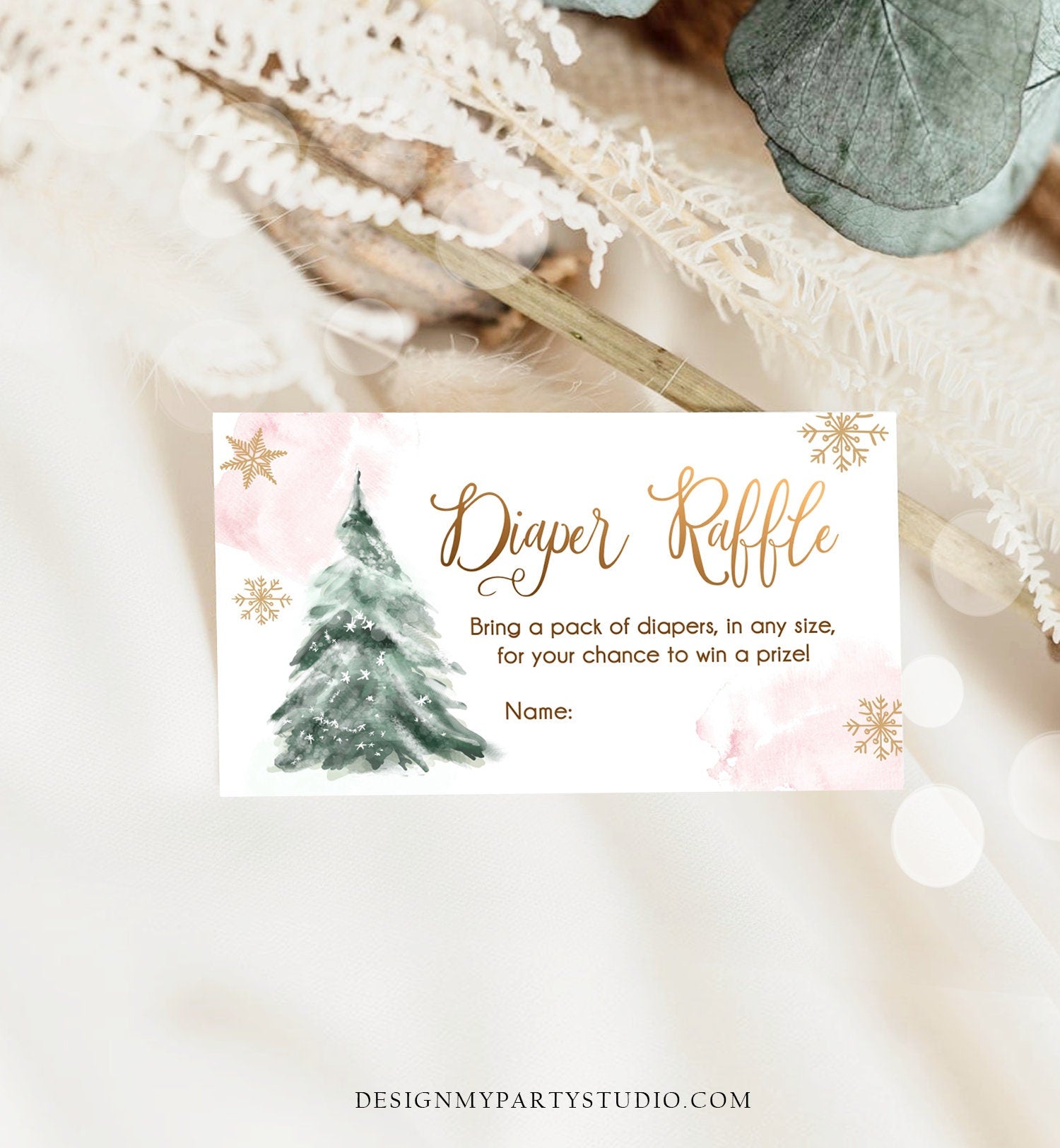 Editable Winter Diaper Raffle Tickets Baby Shower Blush Pink Girl Baby It's Cold Outside Winter Baby Snowflake Corjl Template Printable 0363