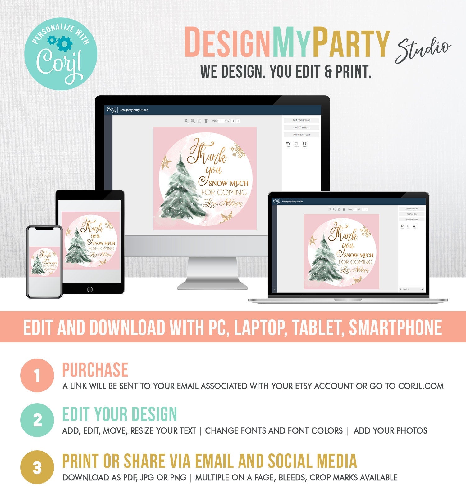 Editable Winter Tree Thank You Tag Winter Onederland Girl Christmas Thank You Snow Much Baby Shower Pink Gold Gift Corjl Printable 0363