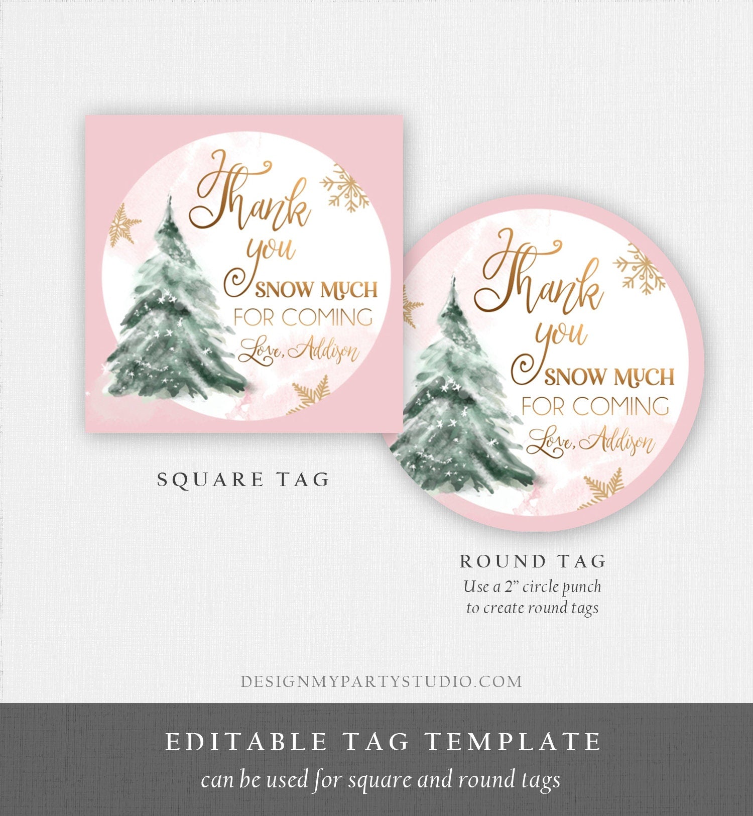 Editable Winter Tree Thank You Tag Winter Onederland Girl Christmas Thank You Snow Much Baby Shower Pink Gold Gift Corjl Printable 0363