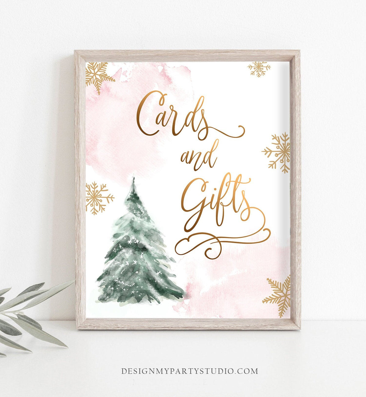 Cards and Gifts Sign Winter Tree Watercolor Snow Girl Baby Shower Thank You Gifts Table Sign Pink Gold Snowflake Download Printable 0363