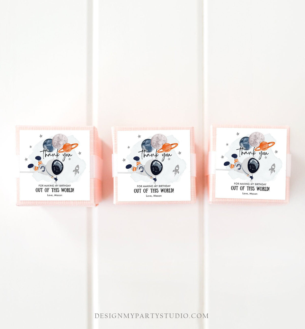 Editable Outer Space Favor Tags Astronaut Birthday Thank You Sticker Orange Gift Trip Out Of World Planets Template Corjl PRINTABLE 0366