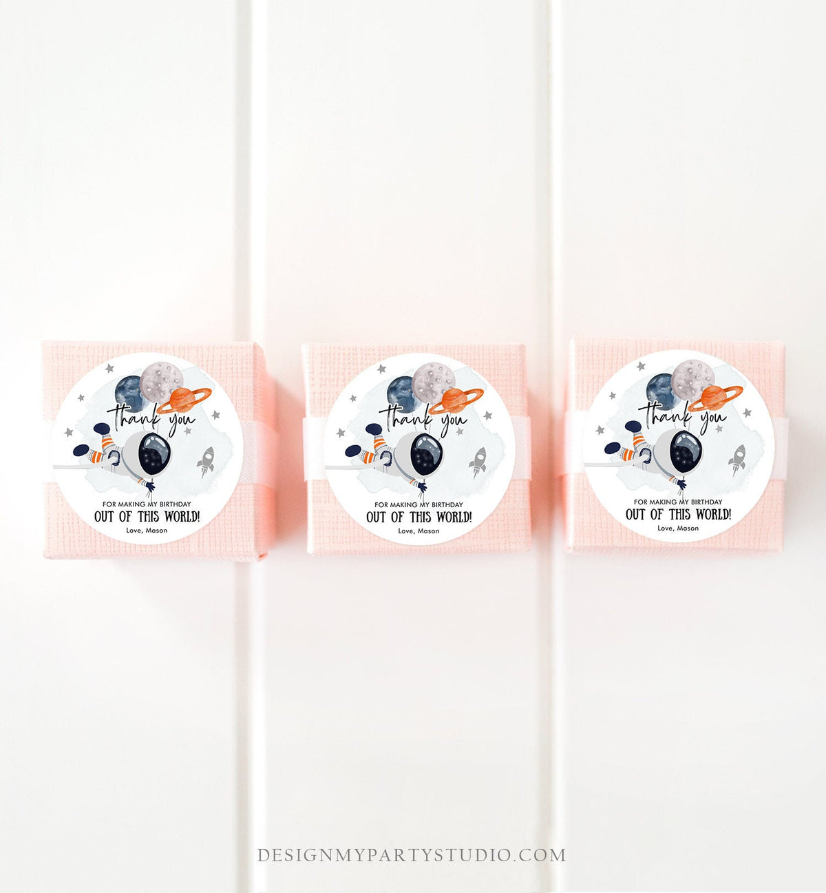 Editable Outer Space Favor Tags Astronaut Birthday Thank You Sticker Orange Gift Trip Out Of World Planets Template Corjl PRINTABLE 0366