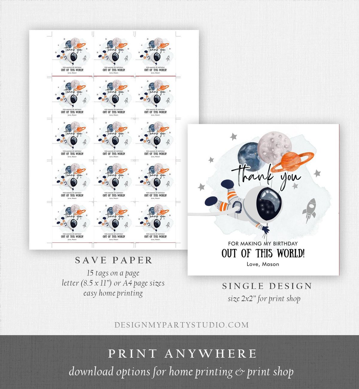 Editable Outer Space Favor Tags Astronaut Birthday Thank You Sticker Orange Gift Trip Out Of World Planets Template Corjl PRINTABLE 0366