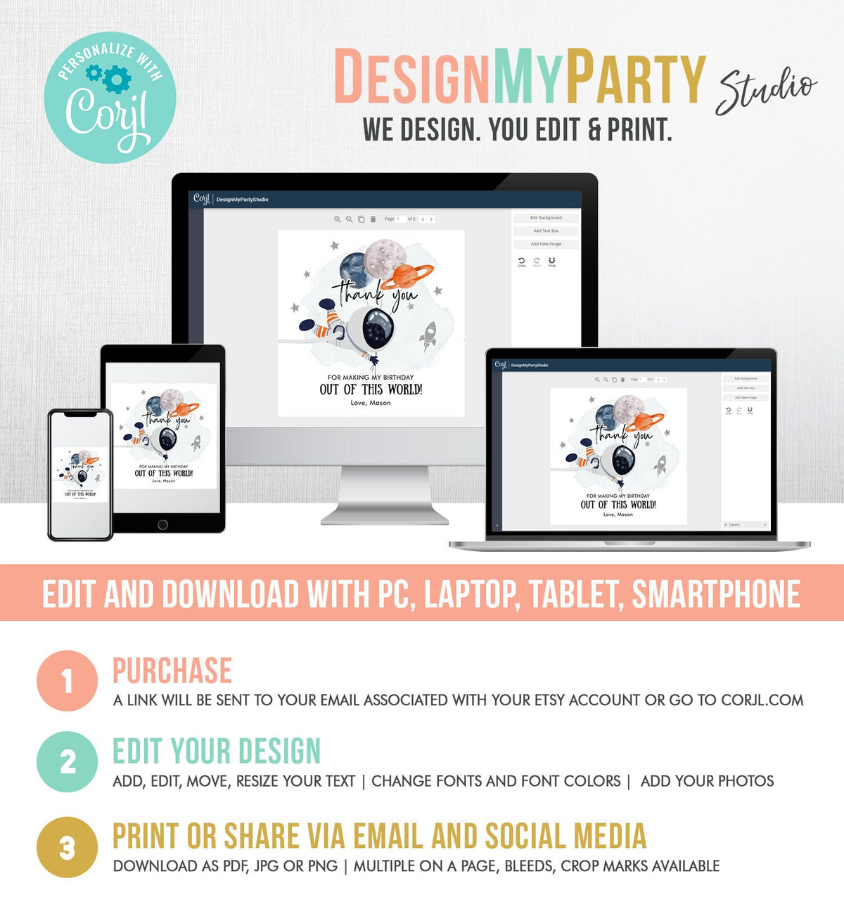 Editable Outer Space Favor Tags Astronaut Birthday Thank You Sticker Orange Gift Trip Out Of World Planets Template Corjl PRINTABLE 0366