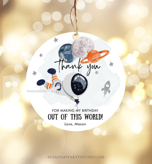 Editable Outer Space Favor Tags Astronaut Birthday Thank You Sticker Orange Gift Trip Out Of World Planets Template Corjl PRINTABLE 0366