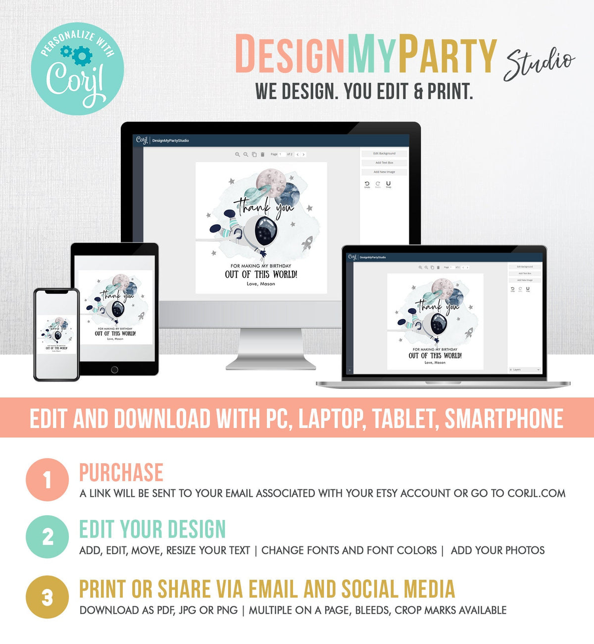 Editable Outer Space Favor Tags Astronaut Birthday Thank You Sticker Blue Boy Gift Trip Out Of World Planets Digital Template Printable 0366