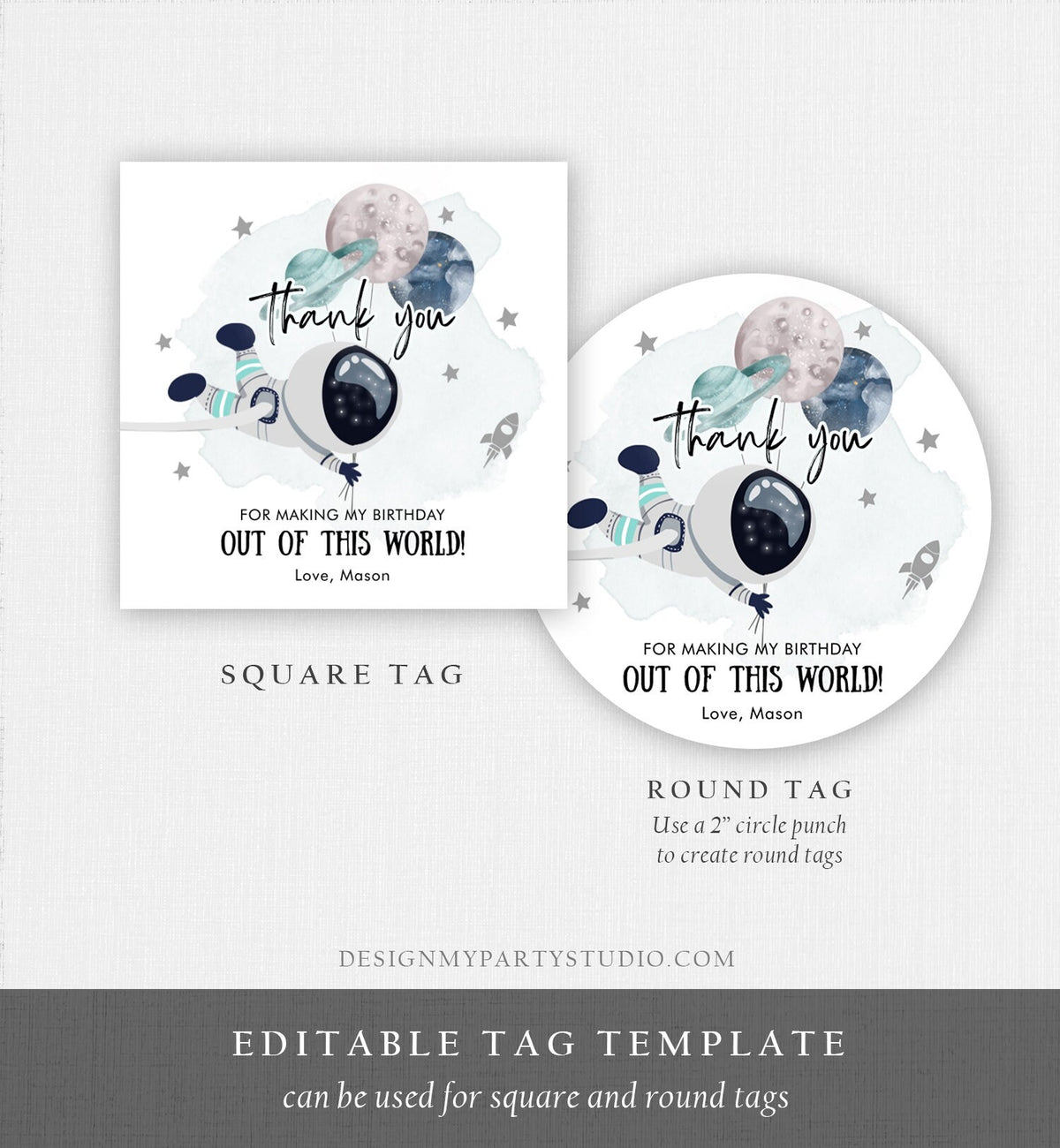 Editable Outer Space Favor Tags Astronaut Birthday Thank You Sticker Blue Boy Gift Trip Out Of World Planets Digital Template Printable 0366