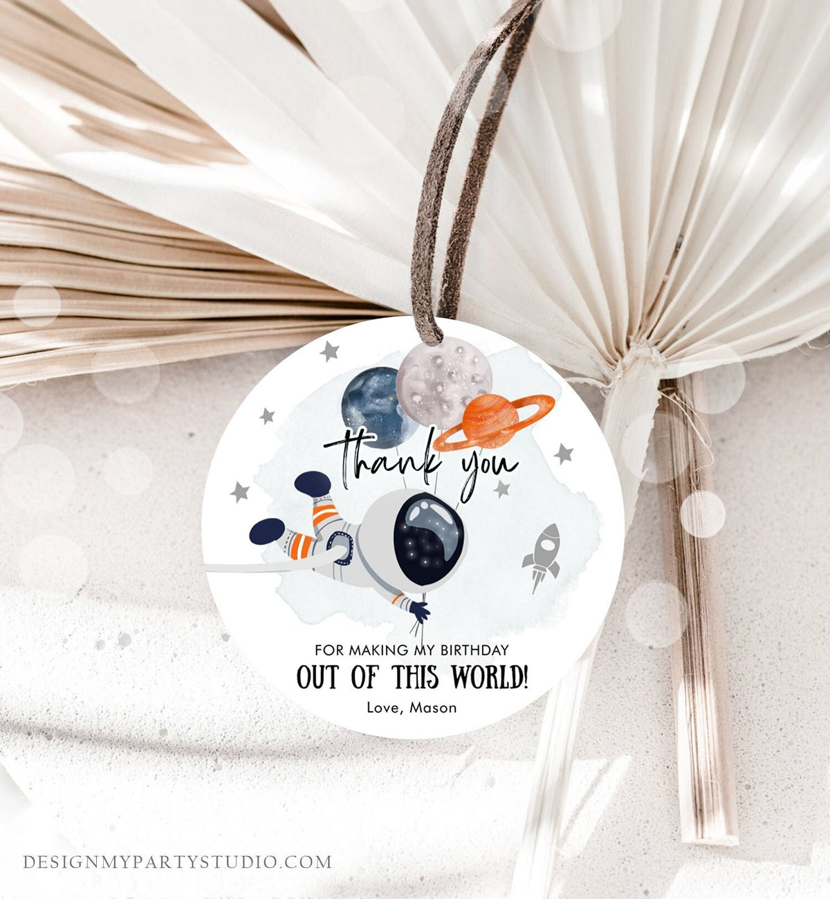 Editable Outer Space Favor Tags Astronaut Birthday Thank You Sticker Orange Gift Trip Out Of World Planets Template Corjl PRINTABLE 0366