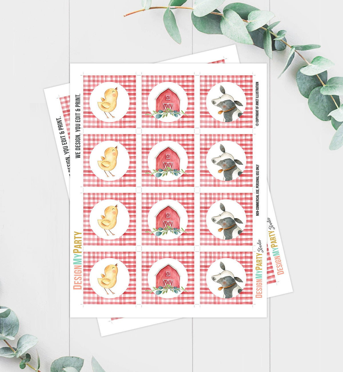 Barnyard Birthday Cupcake Toppers Favor Tags Farm Baby Shower Boy Decoration Red Farm Animals Stickers Digital Download Printable 0155