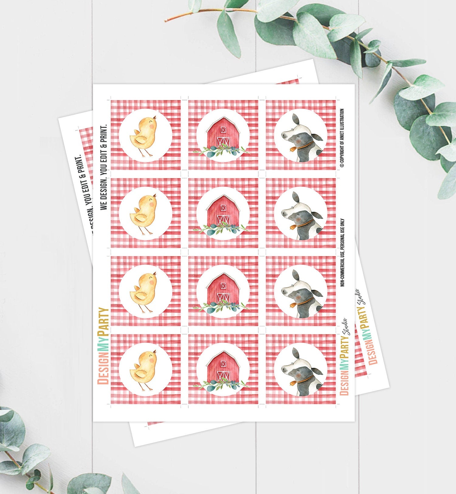 Barnyard Birthday Cupcake Toppers Favor Tags Farm Baby Shower Boy Decoration Red Farm Animals Stickers Digital Download Printable 0155