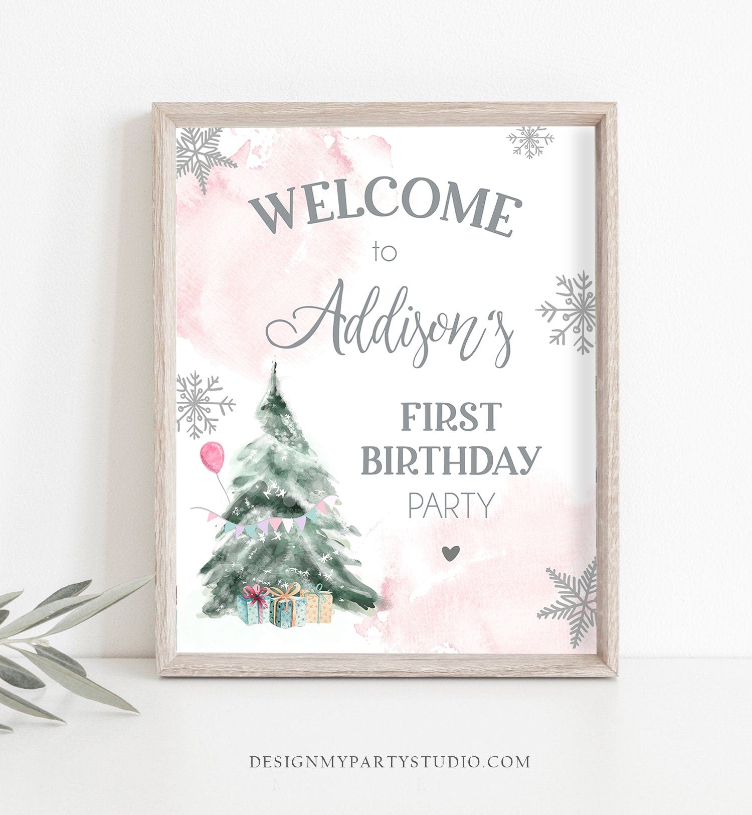 Editable Winter Onederland Welcome Sign Tree Watercolor First Birthday Girl Pink Snowflake Wonderland Digital Template Printable 0363