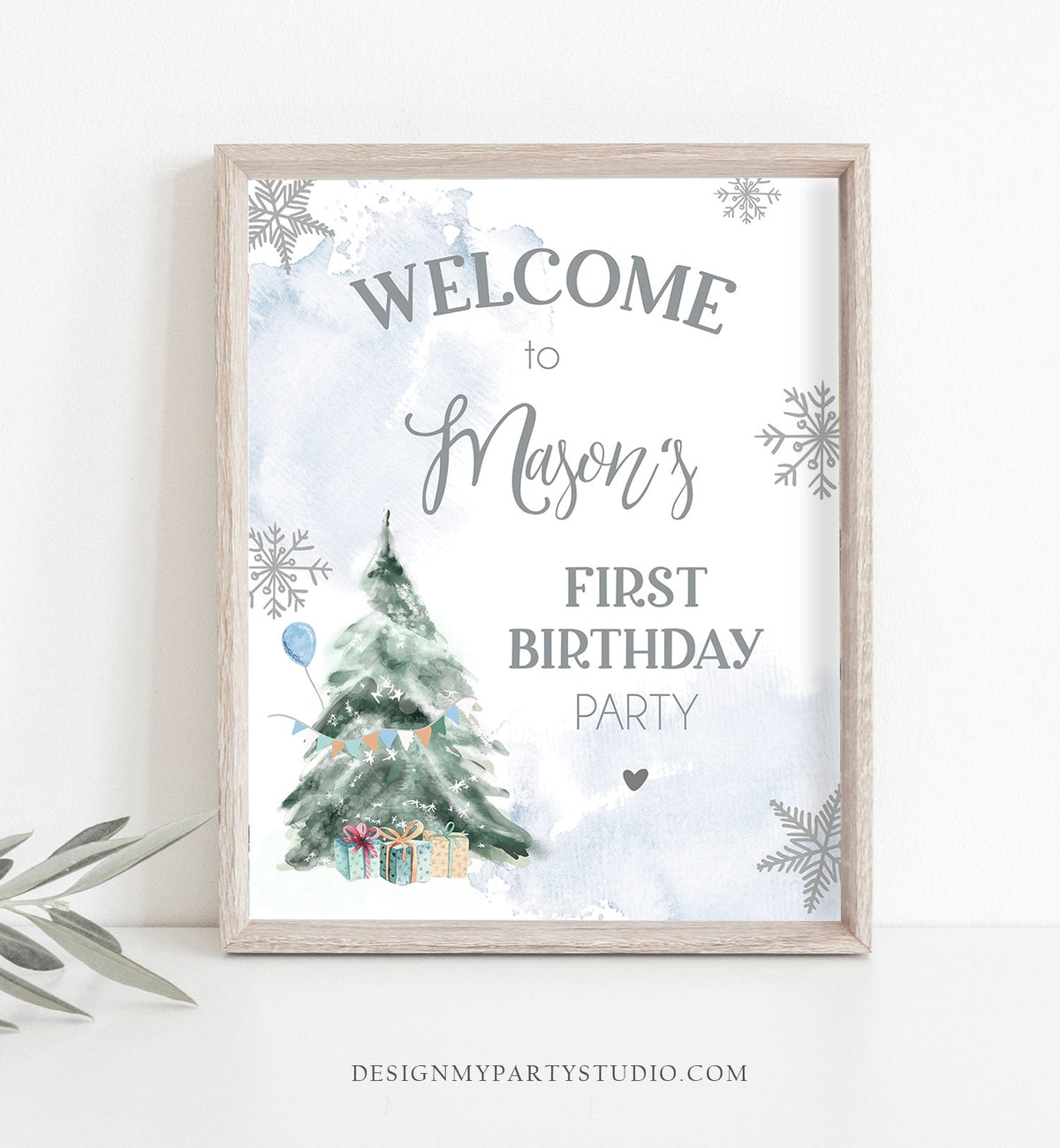 Editable Winter Onederland Welcome Sign Tree Watercolor First Birthday Boy Blue Snowflake Wonderland Digital Template Printable 0363