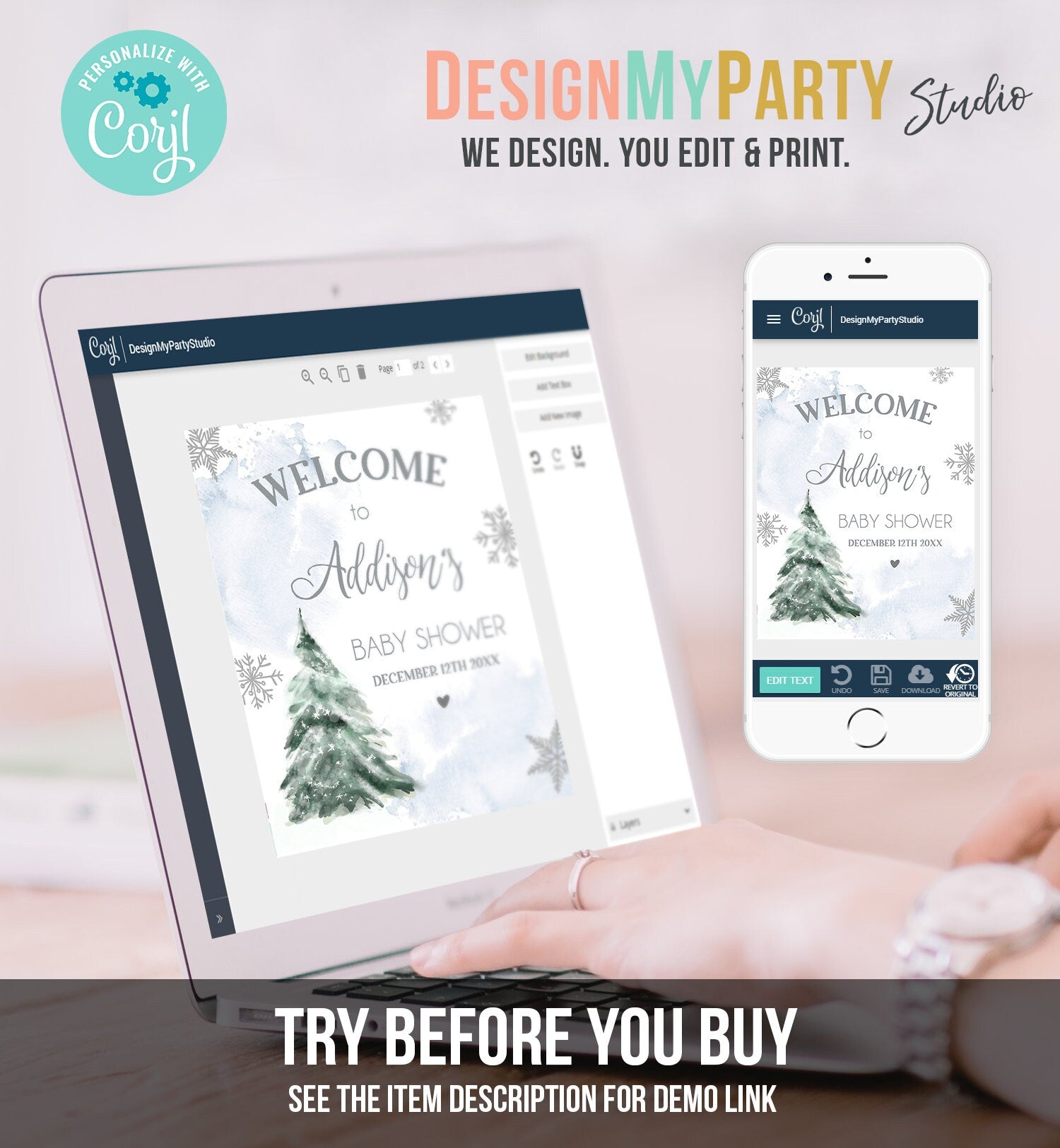 Editable Winter Tree Welcome Sign Tree Watercolor Baby Shower Boy Little Snowflake on the Way Wonderland Digital Template Printable 0363