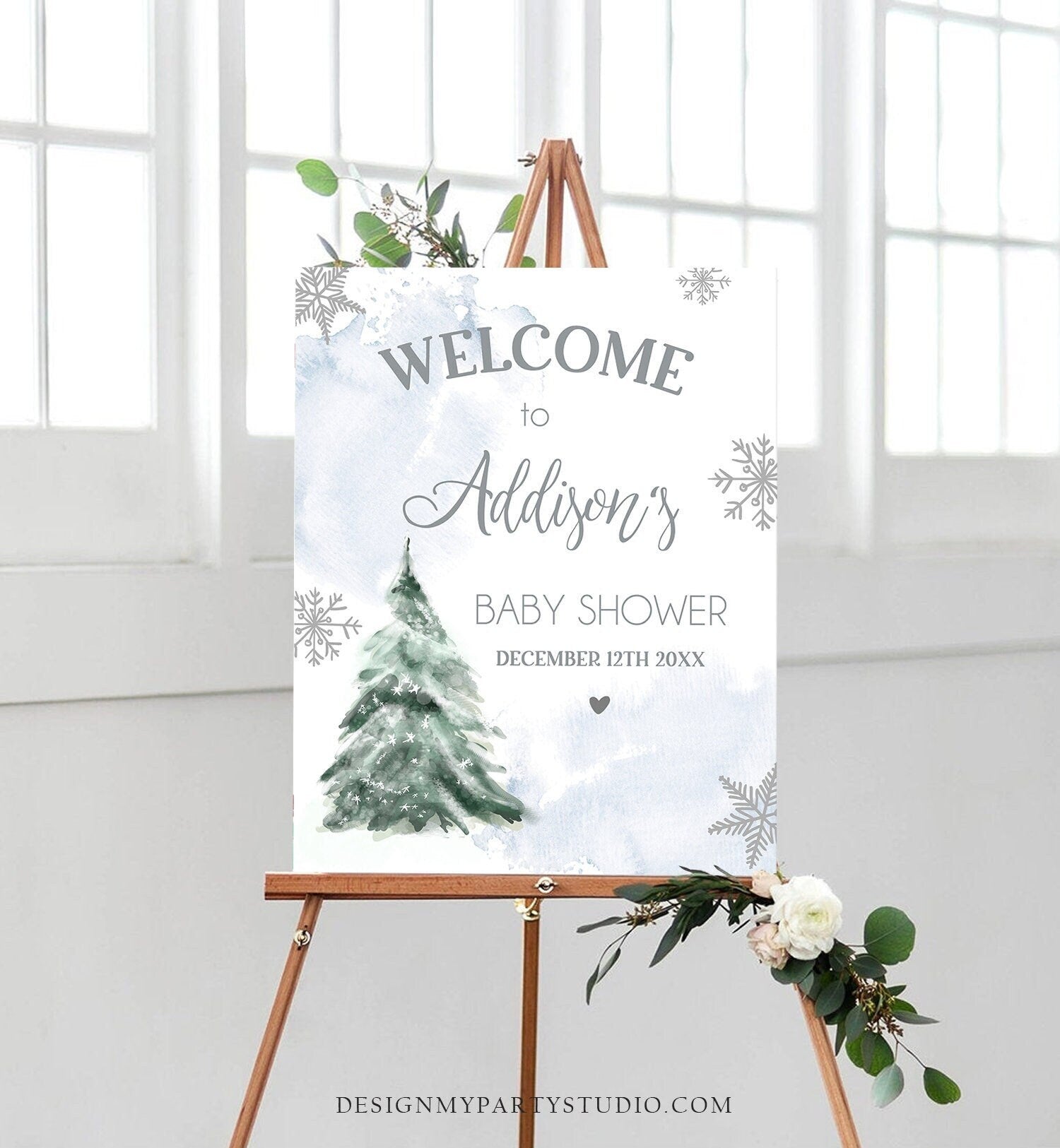 Editable Winter Tree Welcome Sign Tree Watercolor Baby Shower Boy Little Snowflake on the Way Wonderland Digital Template Printable 0363
